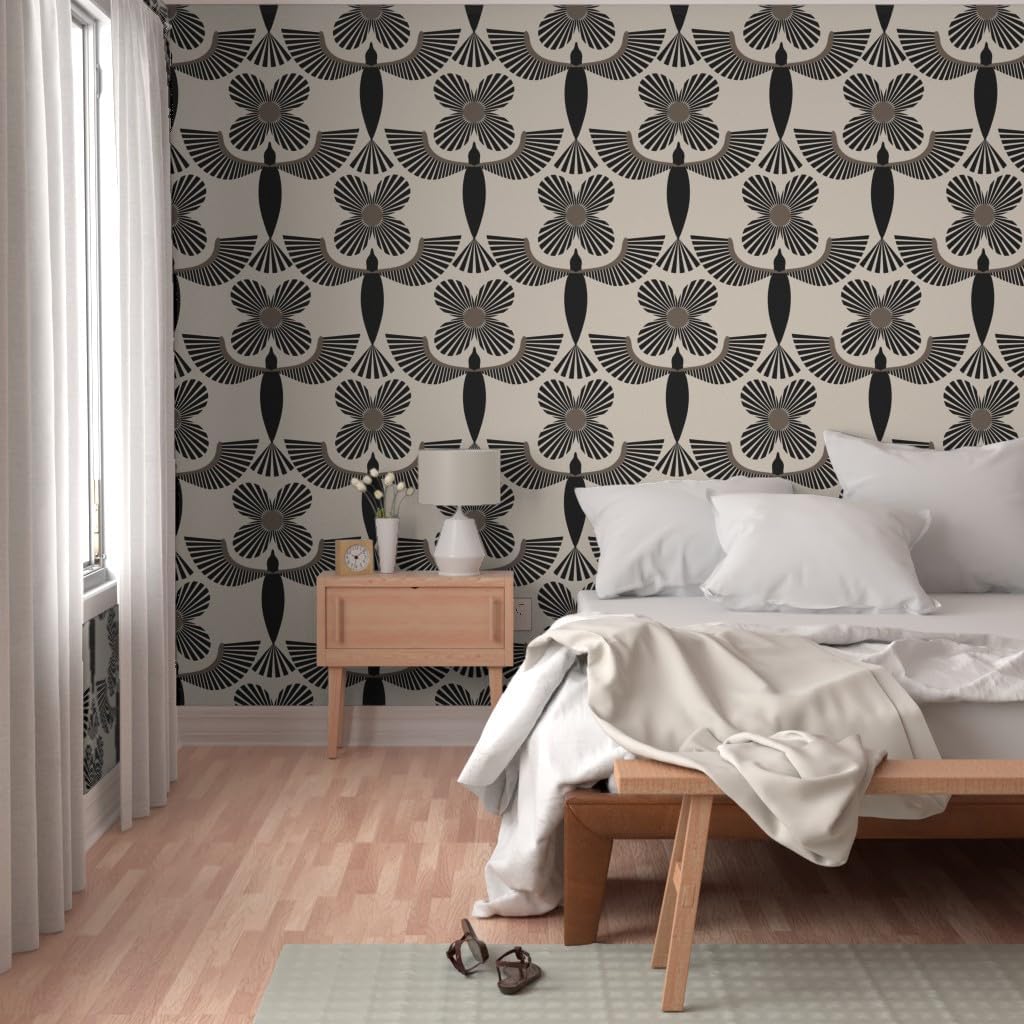 Spoonflower Removable Wallpaper 6ft x 2ft - Bold Birds Minimal Color Black Cream Flowers Egyptian Mod Custom Pre-Pasted Wallpaper