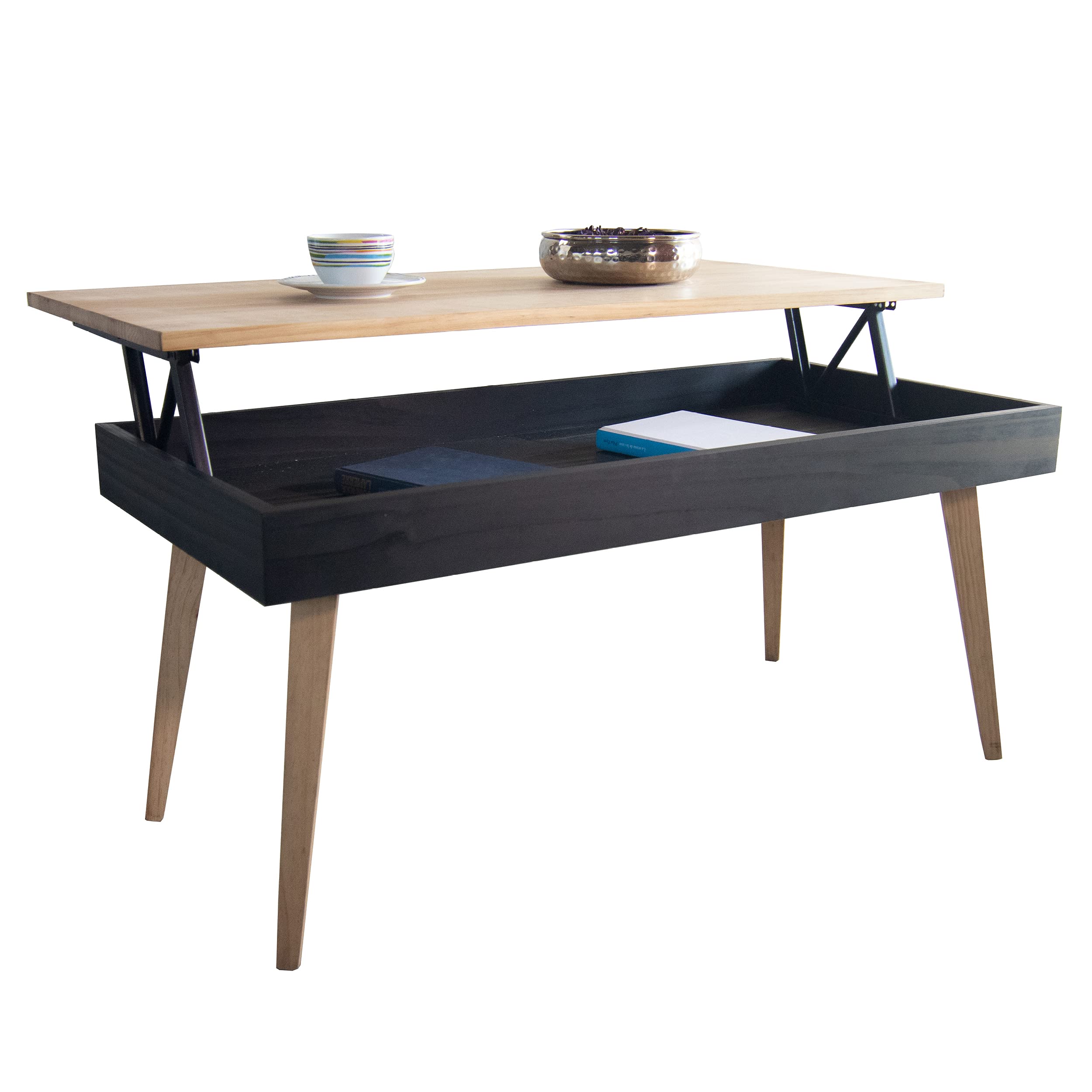 LoMasCasa - Mesa de Centro Elevable con Cajón Modelo Karol de Estilo Nórdico con Acabado Madera y Negro Fabricada en Madera Natural Maciza de Pino con Medidas: 100 x 50 x 47 cm