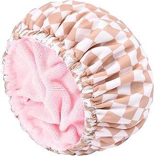 Shower Cap for Women Terry Lined Bath Cap Large Reusable Waterproof Elastic Pink Checkered Band Shower Caps for Long Thick Hair Soft Bath Shower Hair Caps