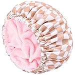 Shower Cap for Women Terry Lined Bath Cap Large Reusable Waterproof Elastic Pink Checkered Band Shower Caps for Long Thick Hair Soft Bath Shower Hair Caps