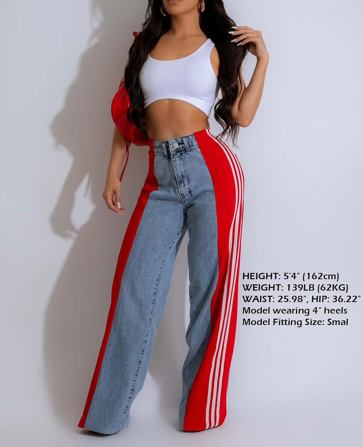 Womens Jeans High Waisted Wide Leg Striped Patchwork Color Block Stretchy Loose Straight Denim Pants - Image 4