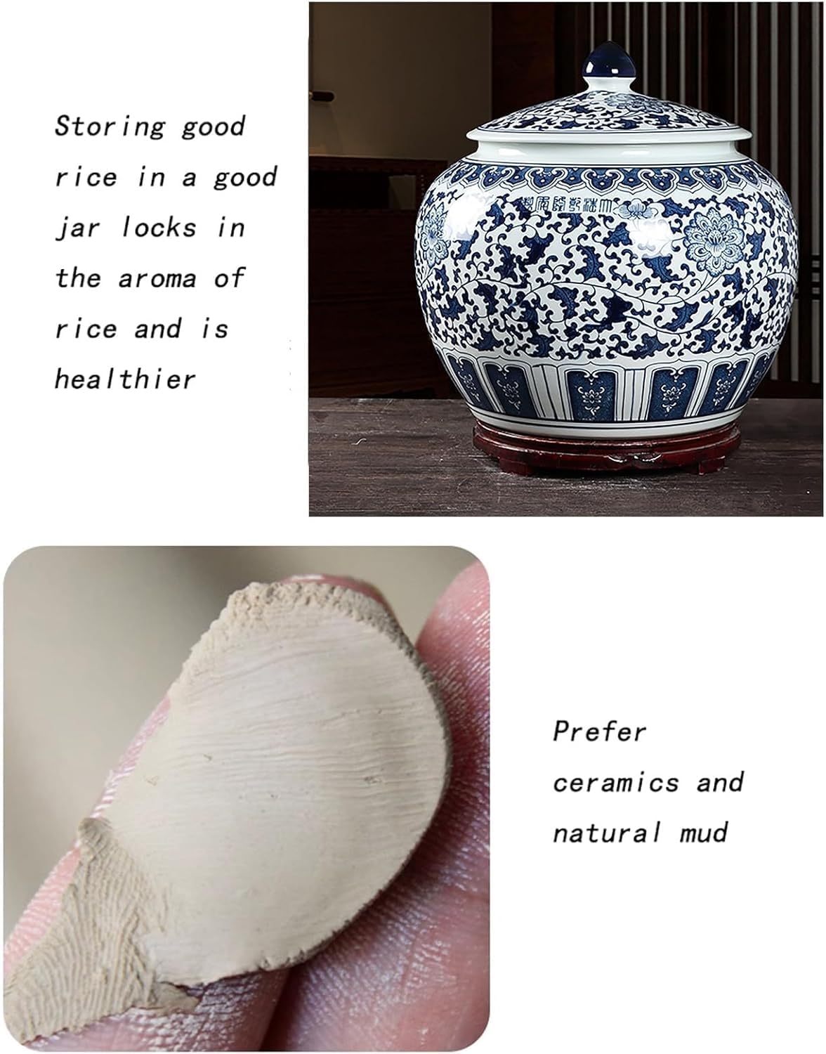 ELEFOCUS Chinese Retro Blue And White Porcelain Ceramic Jar, Rice Bucket With Lid, 25kg Capacity, Food Storage Container(A,Capacity 25kg)