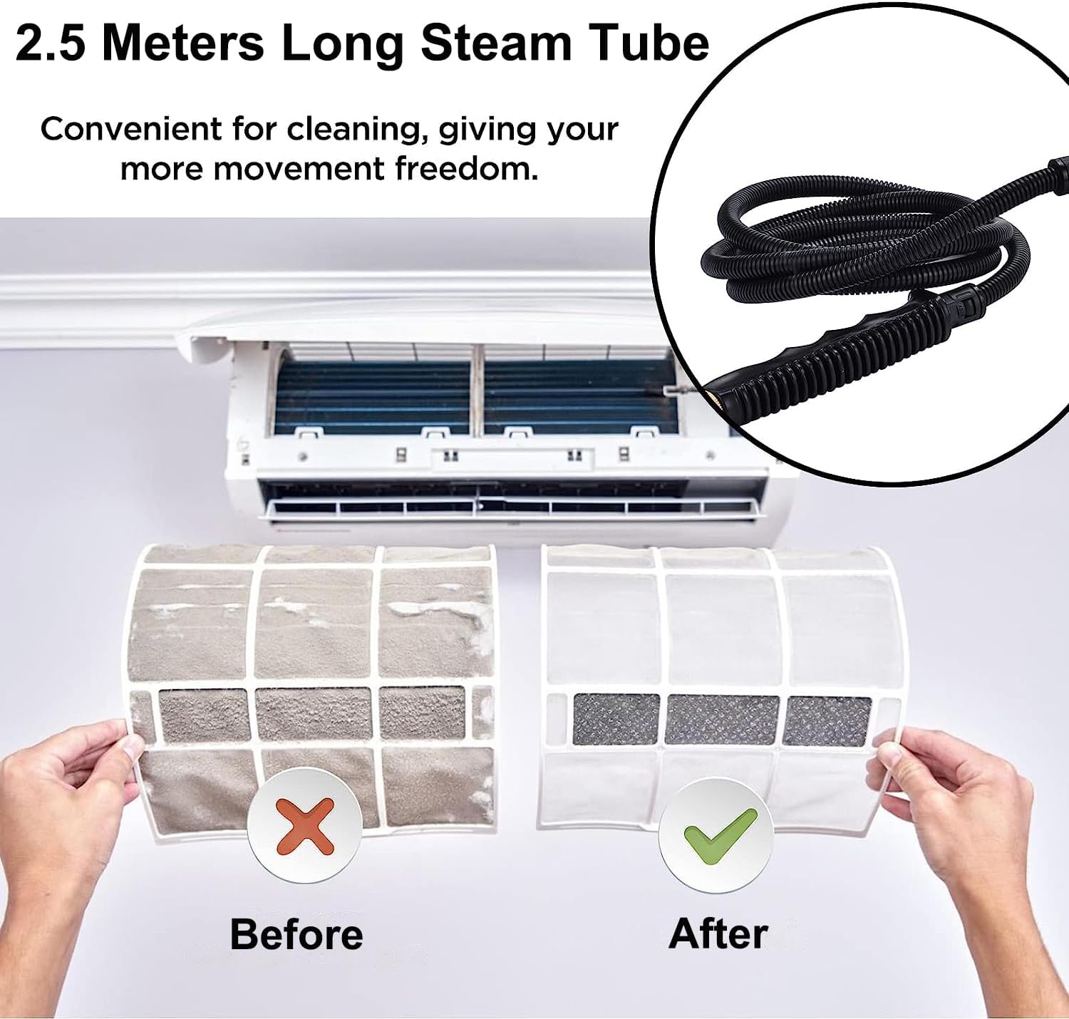 Steam cleaner hose and before/after cleaning an AC filter