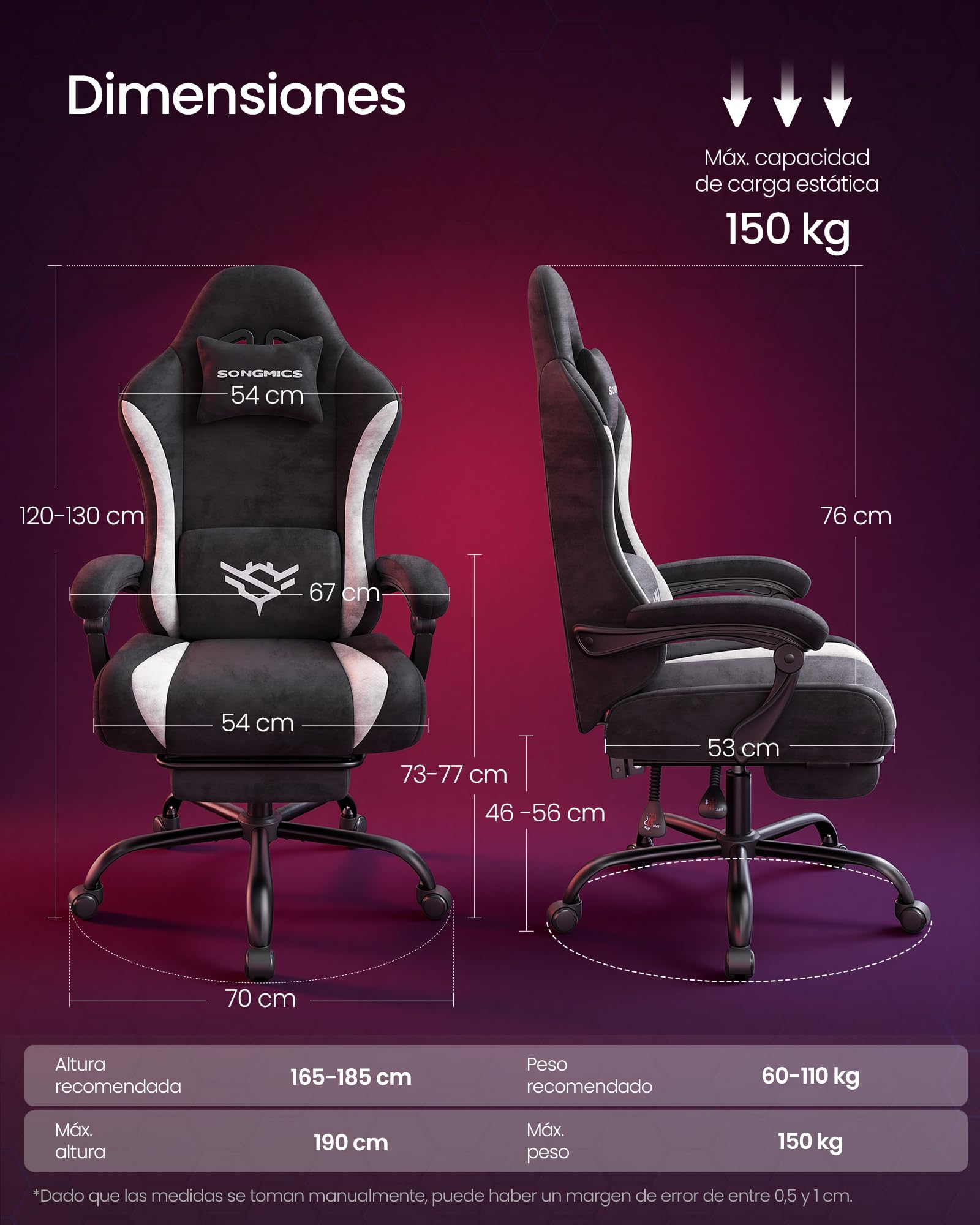 SONGMICS Silla Gaming, Silla de Escritorio Ergonómica de Poliéster, Reclinable 135° con Reposapiés, Soporte Lumbar, 70 x 70 x 120-130 cm, Negro y Blanco, Colección Cathy OBG092BH01
