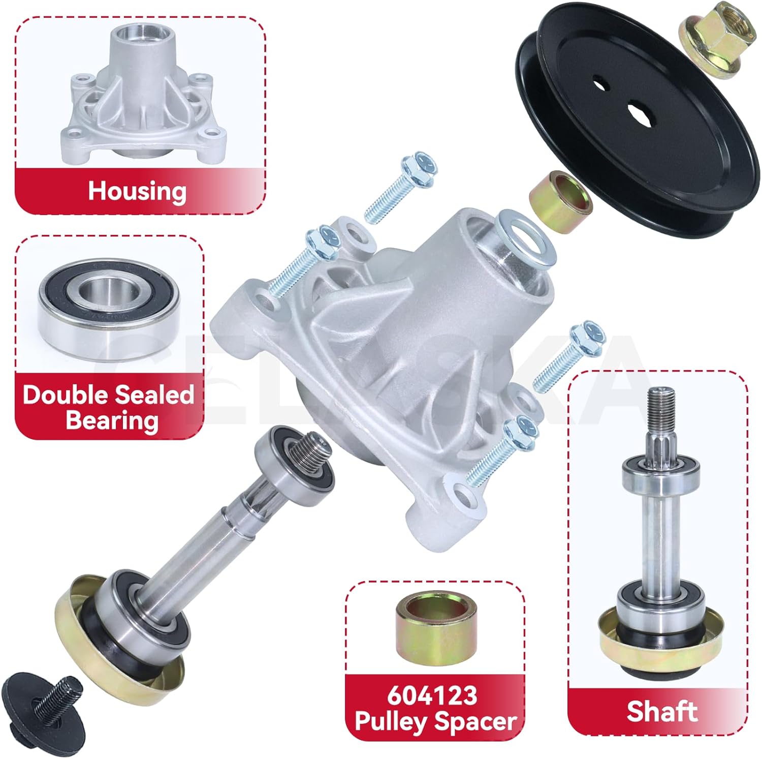 GELASKA 2 Pack 604214 Spindle Assembly with 603987 Spindle Pulley 793828 Belt for Hustler Raptor 42, Hustler 42 934786, 935742 934505US 931741 932004US 933069 933937 935791 937748 937847 938167 Mowers