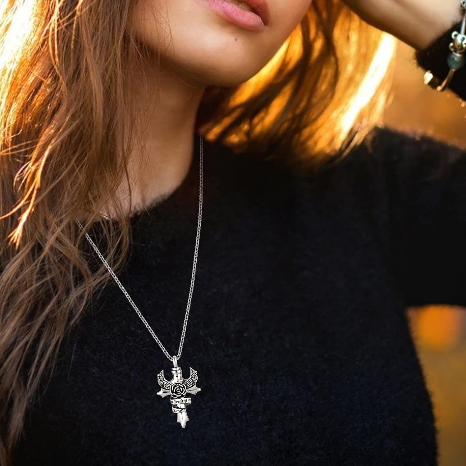 in Loving Memory Dad Grandma Mom Cross Cremation Urn Necklace for Ashes Angel Wings Memorial Keepsake Pendant Locket Jewelry - Image 5