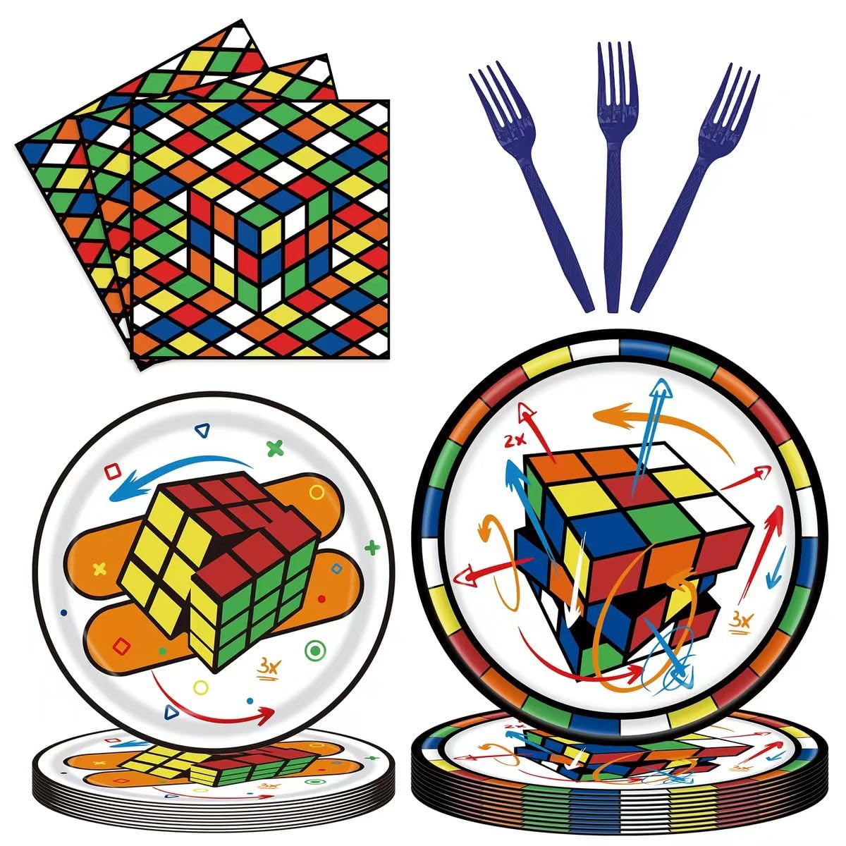 96 Pcs 3D Cube Supplies，Colorful Cube Party Paper Plates, Napkins and Forks Disposable Magic Cube Decoration for Smart Fun Serves 24 Guests.