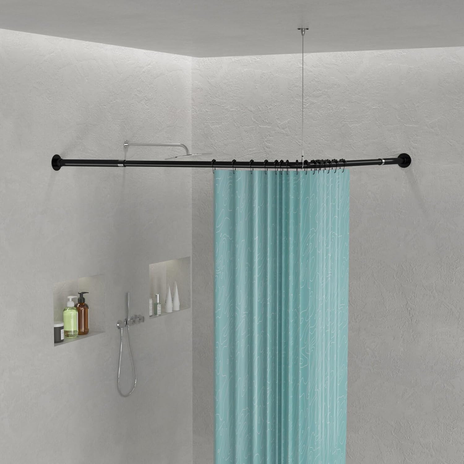 Bastone Tenda Doccia a L, estensibile 62–94x141–174cm, Nero | Dimensioni standard, 16 anelli per tenda doccia, leggero stabile, foratura, soffitto opzionale., doccia/vasca.