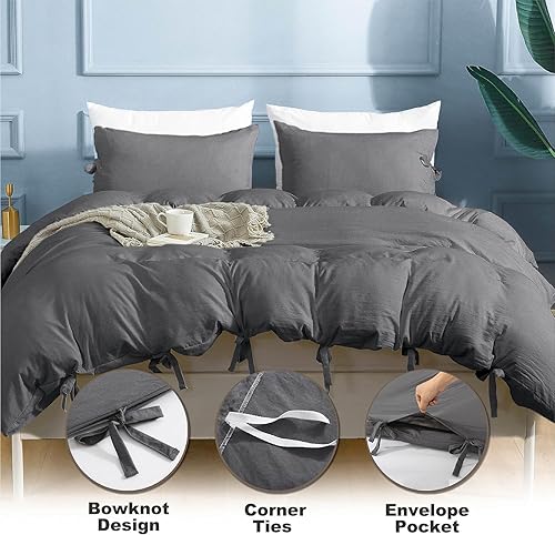 Miniatura 2 de ILAVANDE Juego de funda de edredón gris tamaño Queen, microfibra lavada ultra suave, funda de edredón de 3 piezas con corbatín, 1 funda de edredón