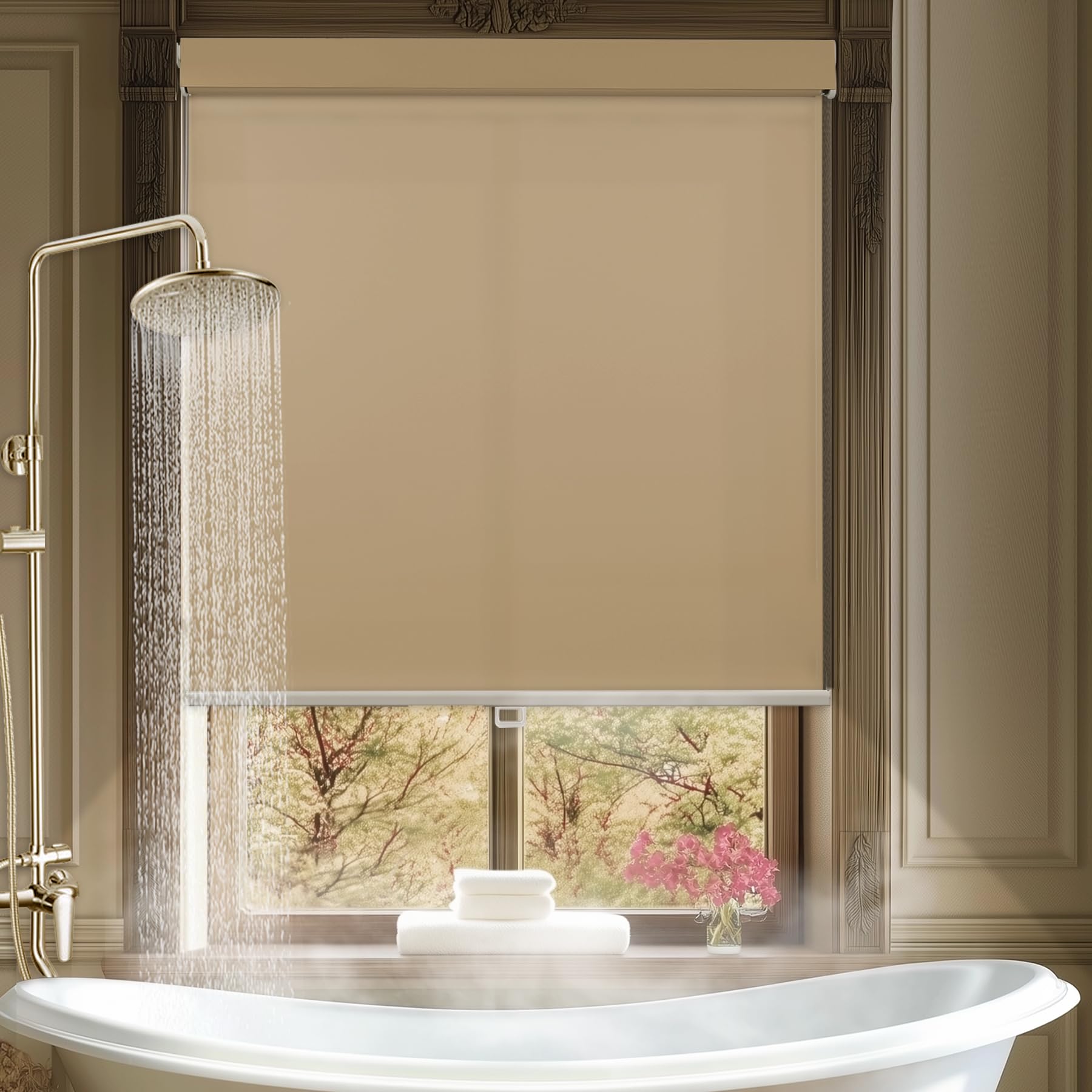 HESTIA No Drill Cordless Blackout Roller Shades with Valance Waterproof Privacy Blinds for Shower Window, Screwless UV Protection Fabric for Bathroom/