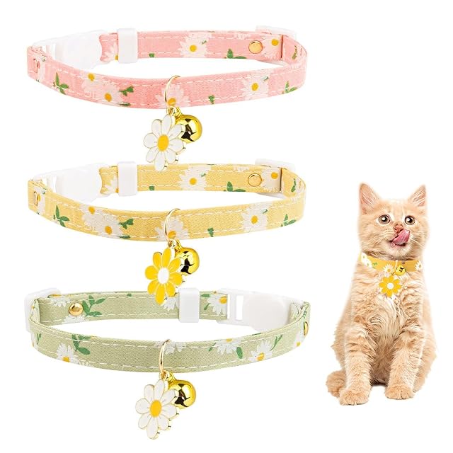 CWPFVQA Collar para Mascotas Margarita Pequeña De 3 Piezas, Collar para Gatos, Campana para Collar De Gato