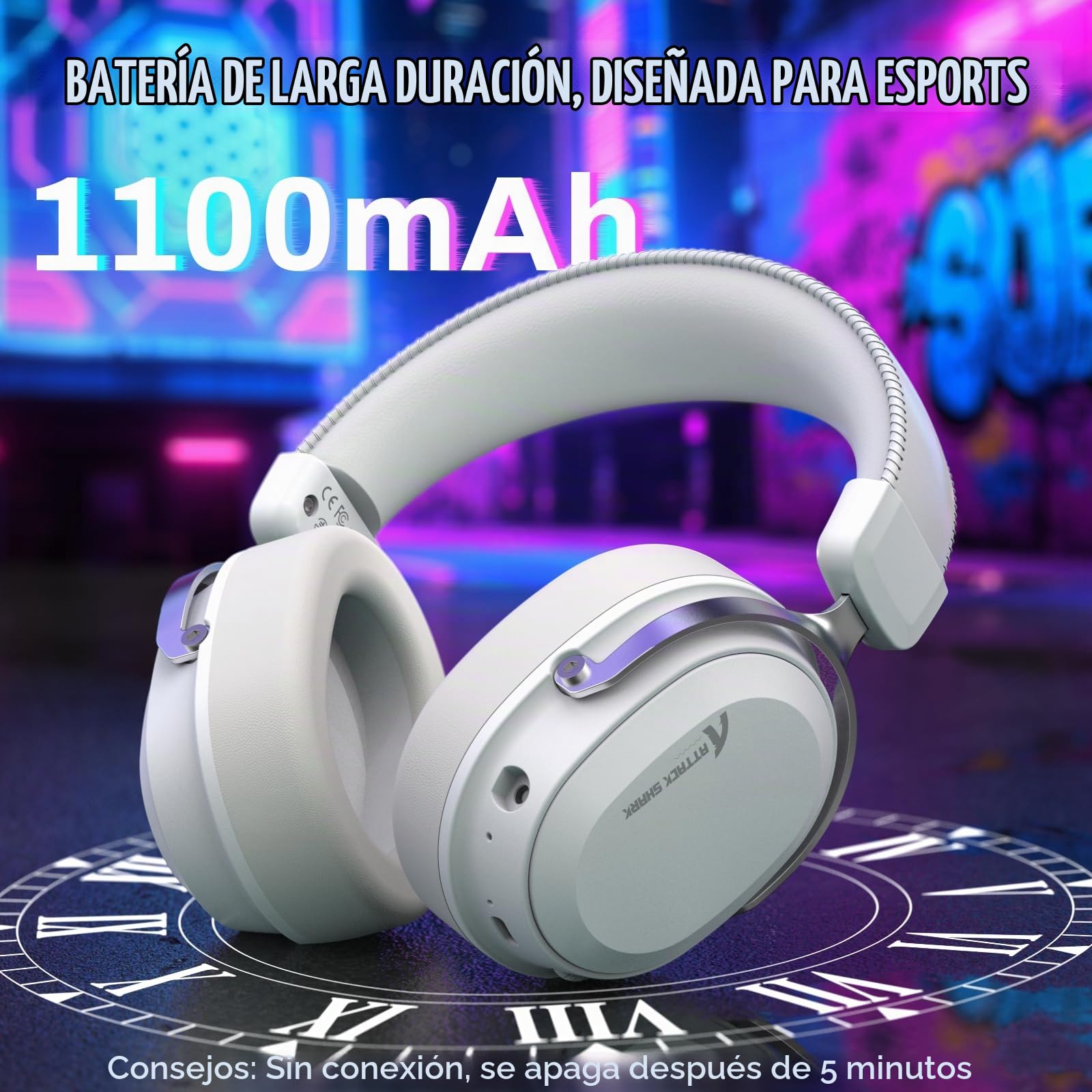 ATTACK SHARK L30PRO Auriculares Gaming Inalámbricos, Sonido Envolvente 7.1, Modos EQ, Drivers 50 mm, Conectividad Tri-Modo, Batería 1100 mAh, Over Ear con Micrófono Desmontable para PC - Blanco