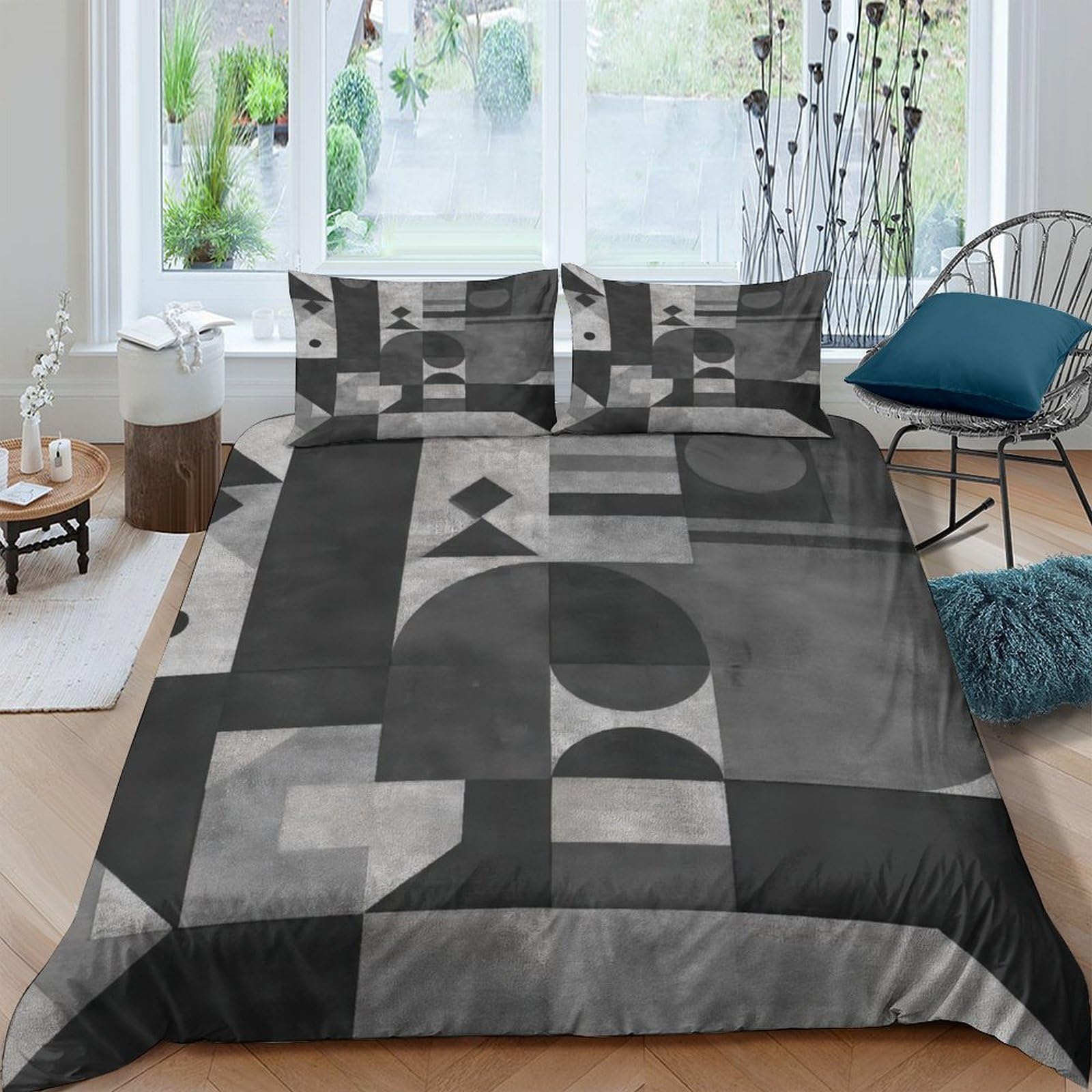 GPLZQXKJNH 3D Printed Geometric Abstract Duvet Cover Set Microfiber Soft Breathable Monochrome Bedding with 2 Pillowcases for Bedroom Home Single（135x200cm）