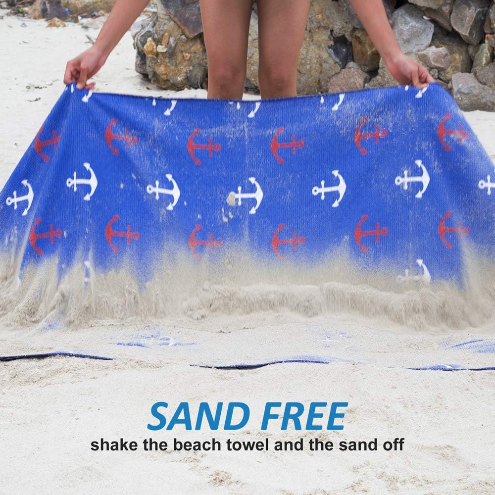 KOLLIEE Sand Free Beach Towels Portable Colorful Compact Beach Towels Absorbent Pool Towels Sand Proof Beach Towels for Adults Girls Women Kids 31x63 inch (Blue Anchor)