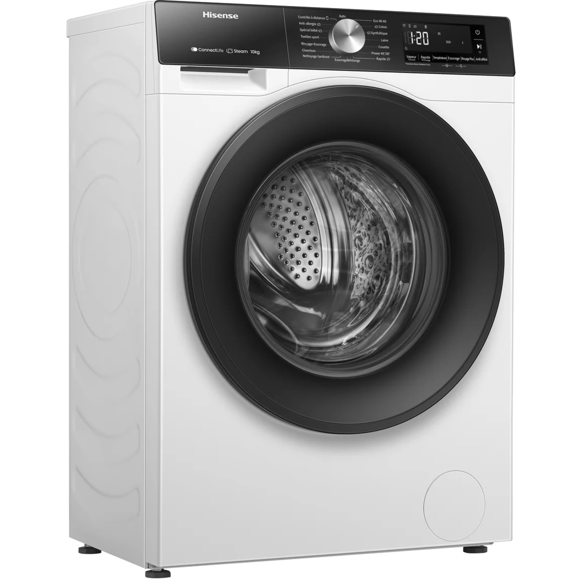 Hisense WF3S1043BW3 – Lave-linge à vapeur, classe A, 10,5 kg, connectivité WiFi, fonction vapeur 99,9%, lavage auto wash, lavage rapide 15", PureJet, blanc