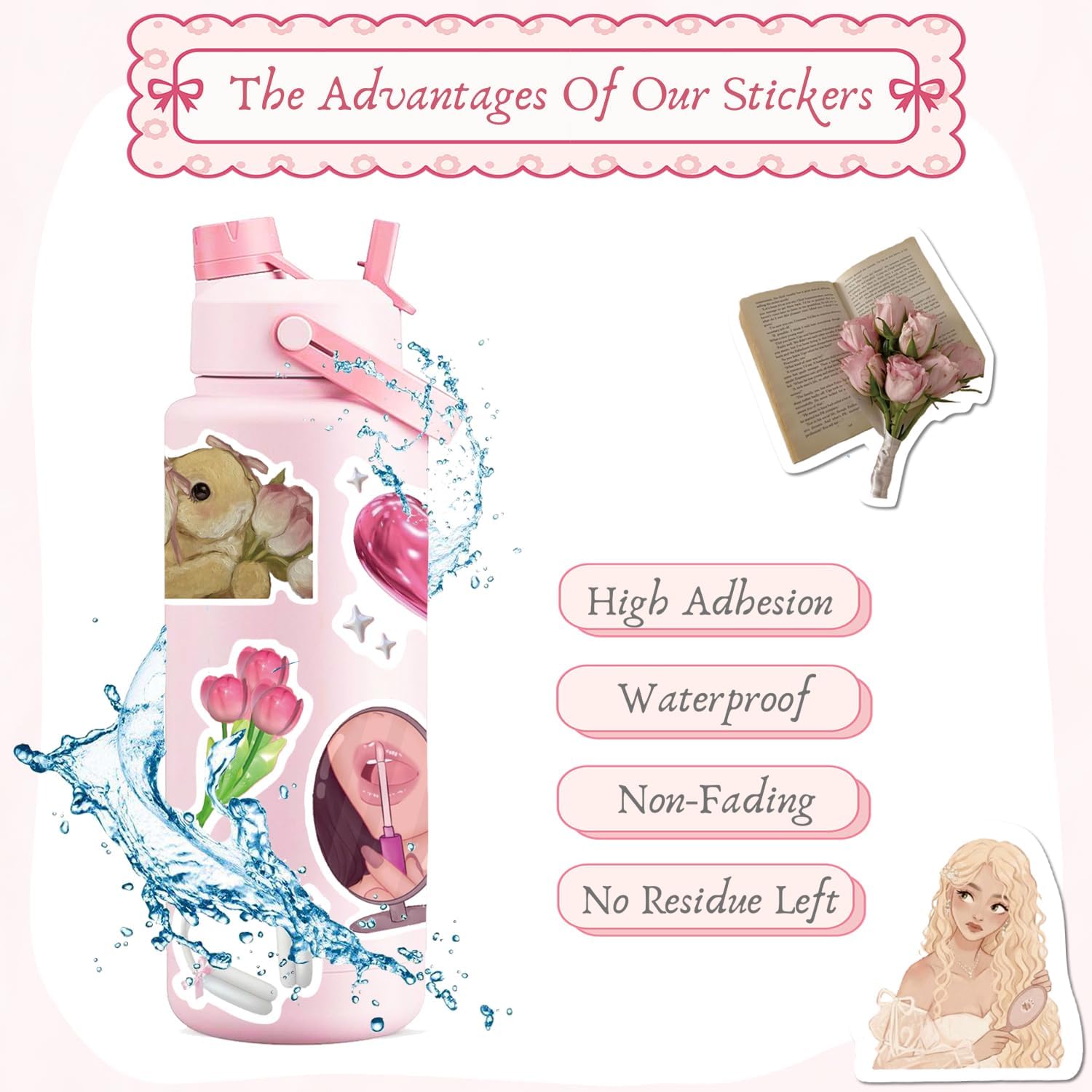 100 PCS Coquette Stickers Cute Vinyl Waterproof Stickers for Laptop,Guitar,Motorcycle,Bike,Skateboard,Luggage,Phone,Hydro Flask, Gift for Kids Teen Birthday Party