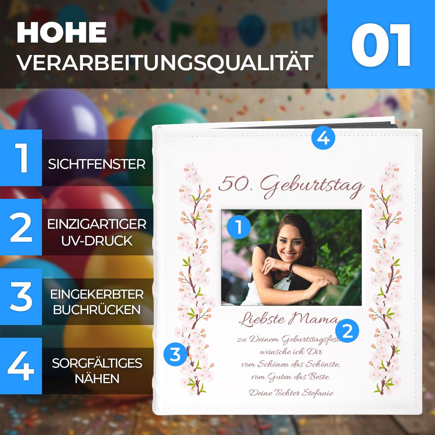 Maverton Fotoalbum zum Selbstgestalten mit Bildausschnitt mit Aufdruck - für 240 Fotos 10x15-60 schwarze Seiten - Größe 33x30cm - Weiß - personalisierte Geschenke - Geburtstagsgeschenk für Frauen