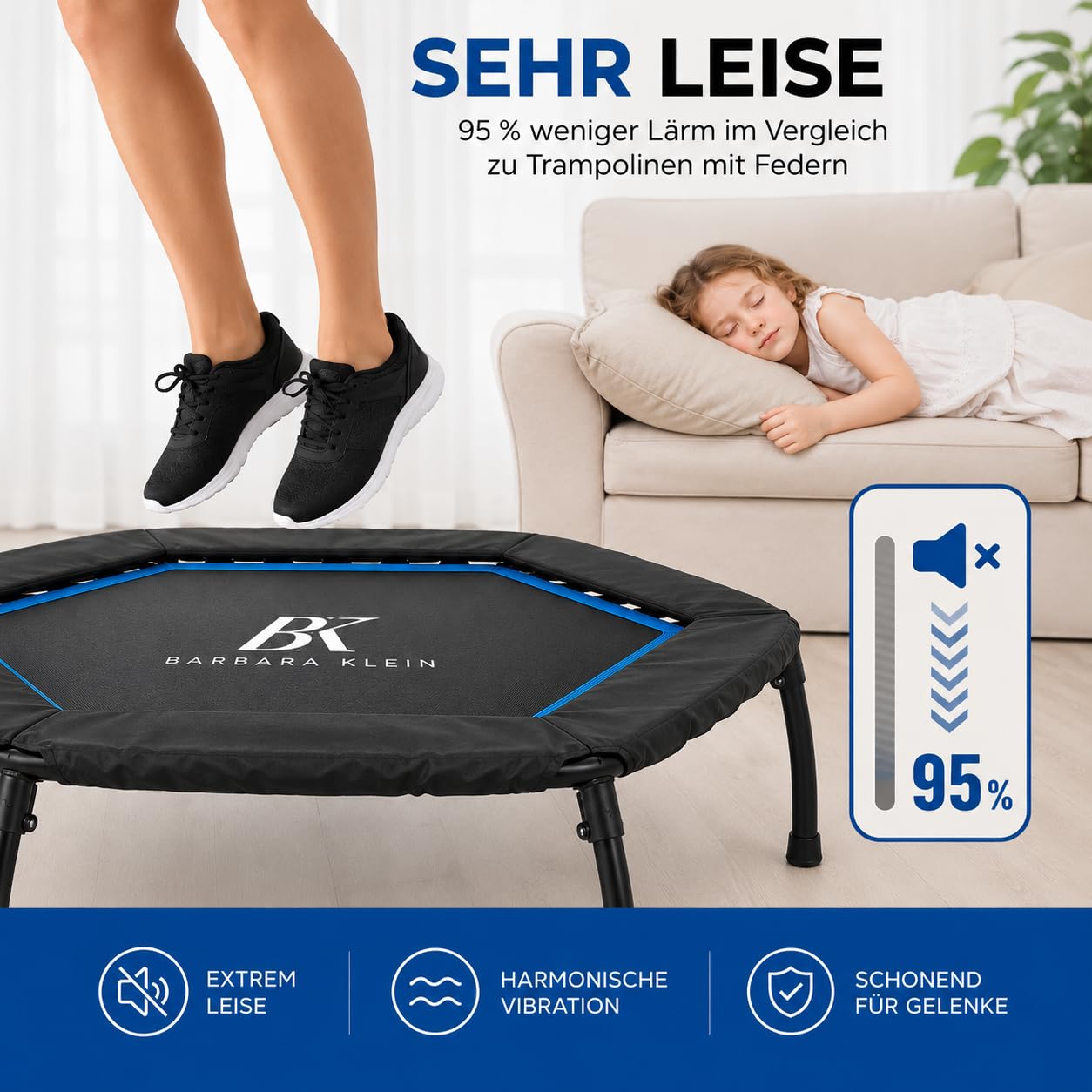 BK Barbara Klein Fitness Trampolin 133 cm mit Haltestange, 42 Gummiseile, Hexagon Rebounder, 100 kg Belastbar, Höhenverstellbar Indoor Heimtraining