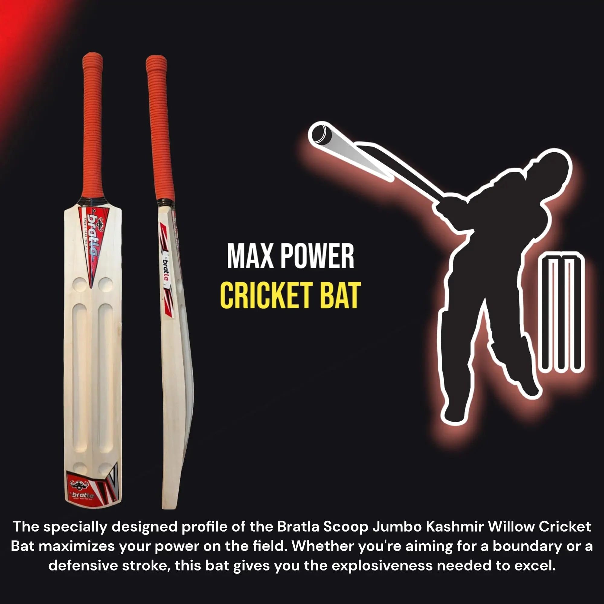 Bratla Scoop Jumbo Kashmir Willow Cricket Bat with Bat Cover - Adult Size, Lightweight Wooden Bat for Hard Tennis Ball and Softball Cricket