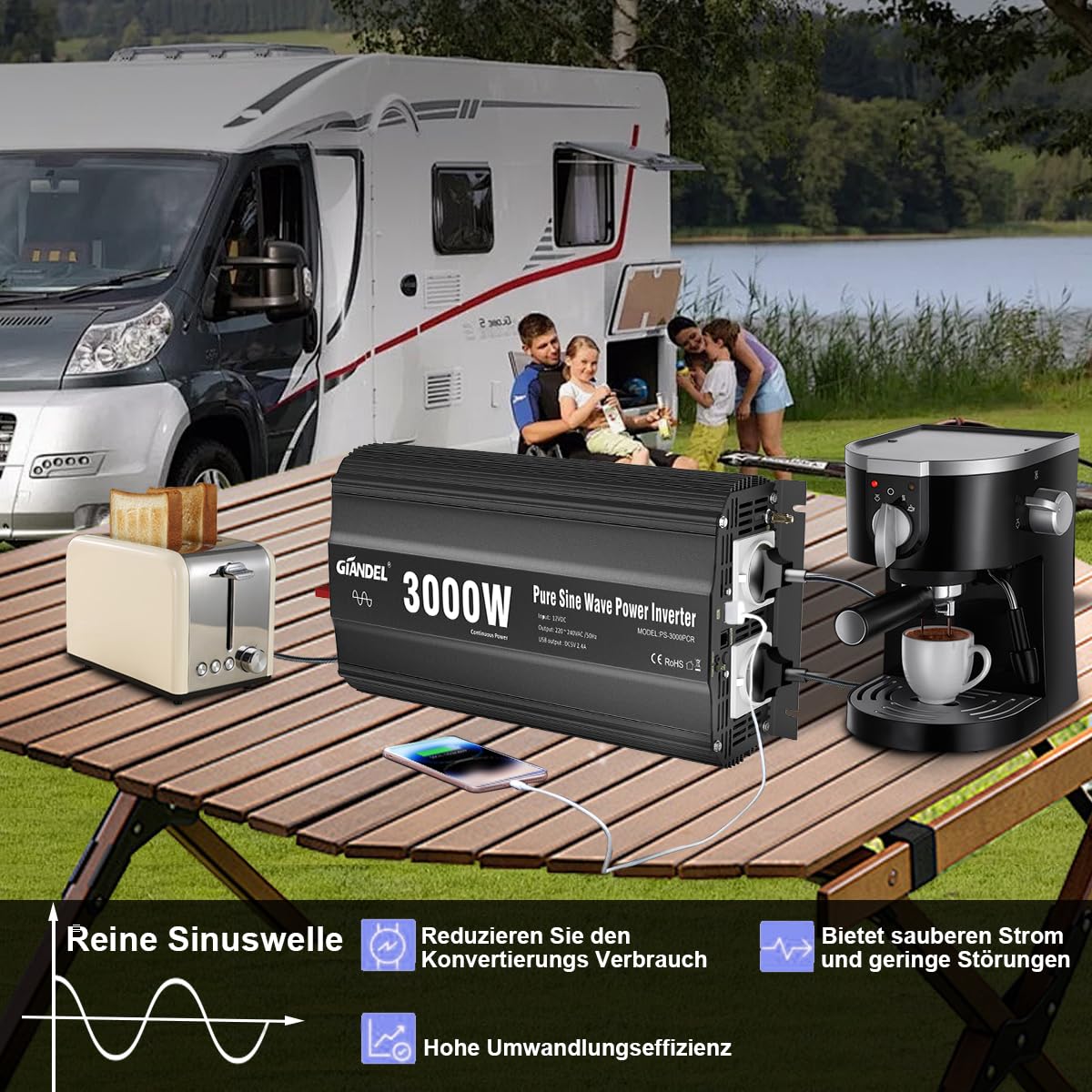 GIANDEL 3000W Wechselrichter 12V auf 230V Reiner Sinus Spannungswandler Kompatibel mit LiFePO4 Power Inverter mit Fernbedienung und USB Anschlüsse für Wohnmobil LKW Wohnwagen Camping
