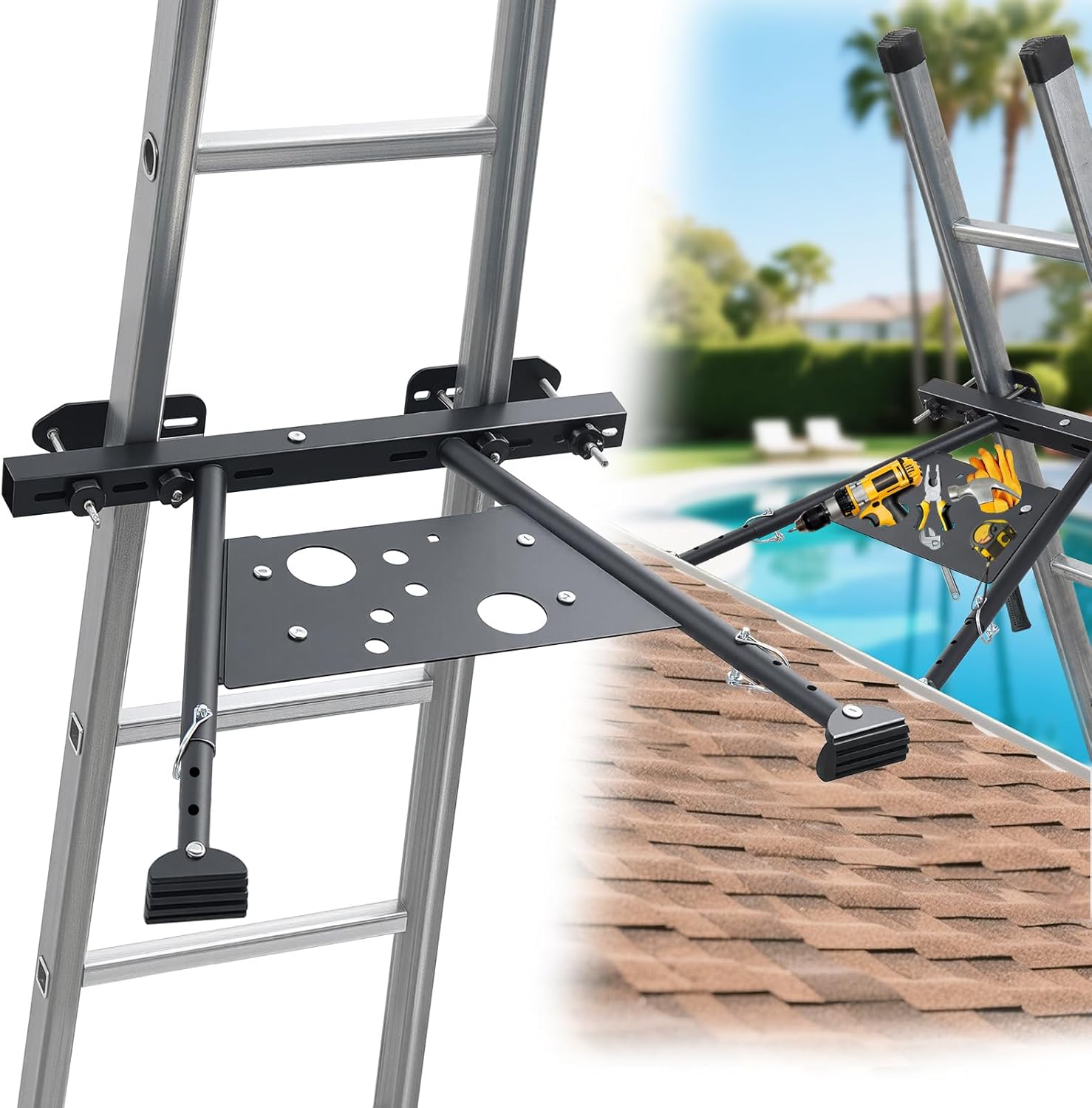 Extension Ladder Stabilizer, Heavy Duty Ladder Stabilizer with Adjustable Leg 20-29.5", Anti-Slip Ladder Standoff for Roof Gutter Wall, Built-in Tool Tray Easy to Use Withstands 320 LBS Weight