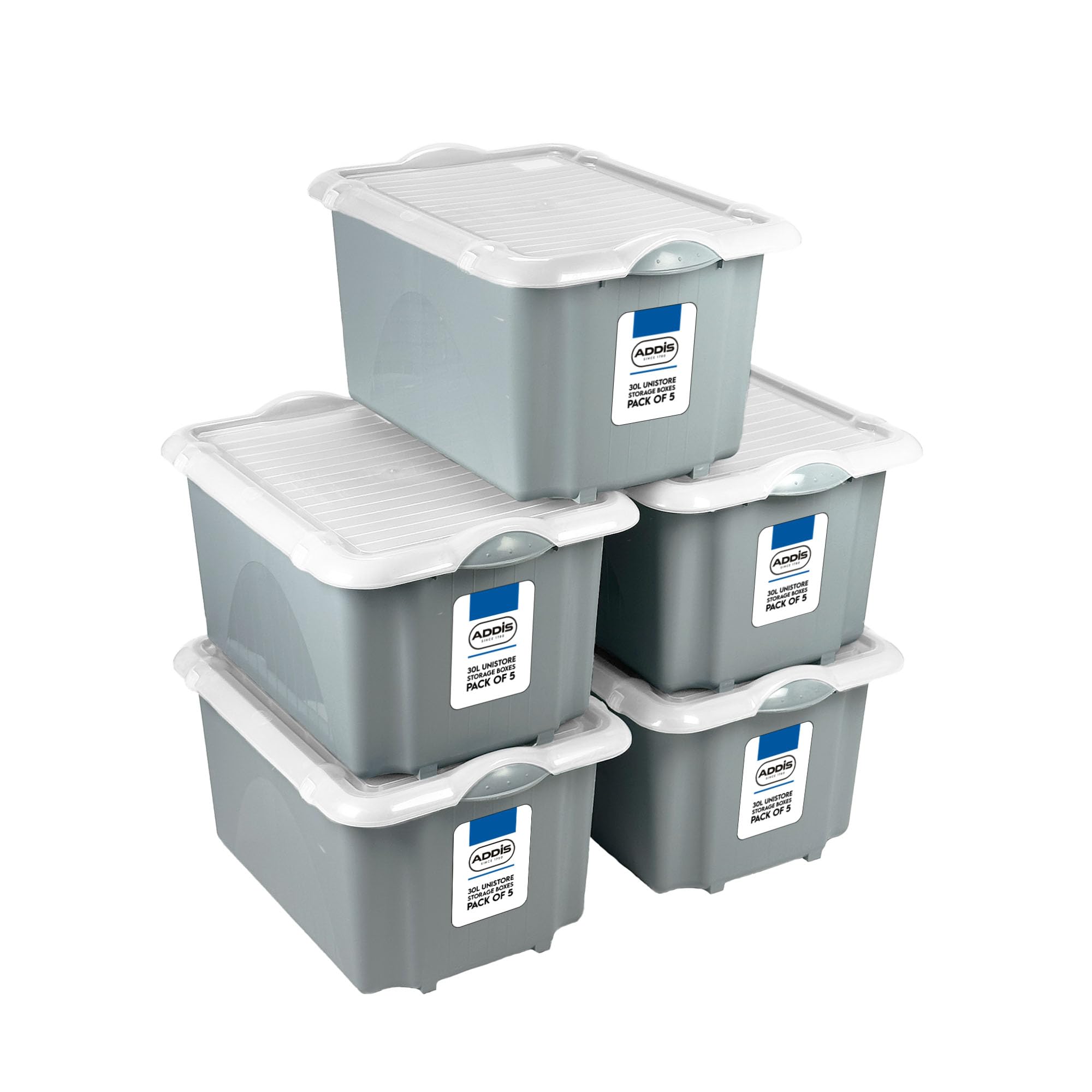 Addis 30 litre Eco Grey Plastic Unistore Storage Boxes Made in the UK from Recycled plastic, with clip lock lid and base, Pack of 5, tough reliable stackable nestable, Grey Clear