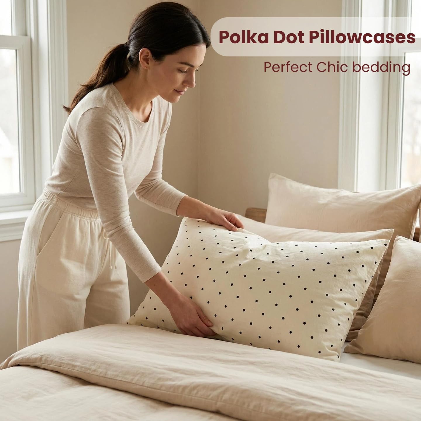 Polka Dot Pillow Cases Set of 2 - Soft Cream Bed Pillow Covers Standard