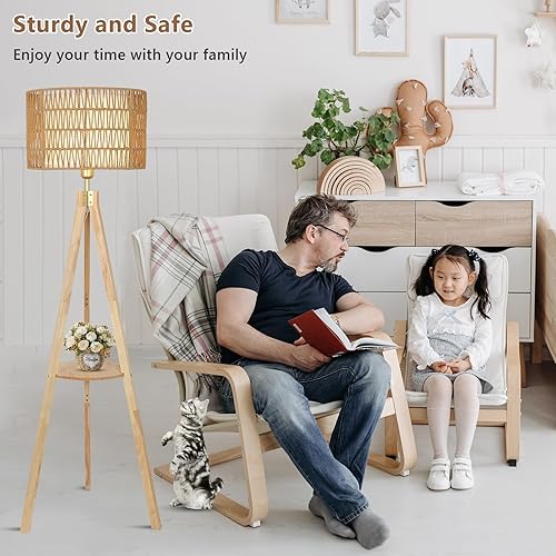 Miniatura 12 de Lámpara de pie con trípode bohemio con estantes, lámpara de pie de madera de mediados de siglo con pantallas de ratán y tela, interruptor de pie