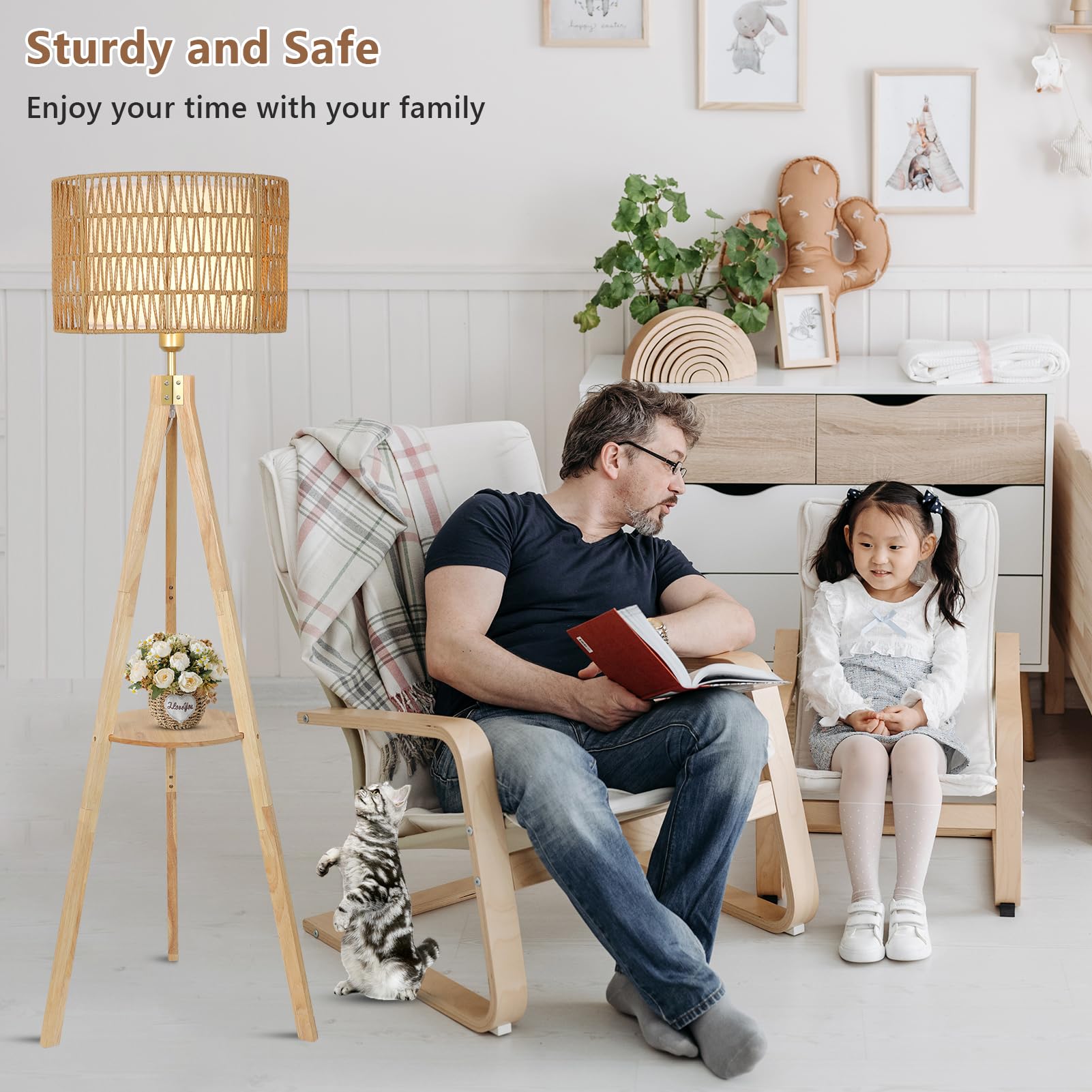 Rayofly Stehlampe Wohnzimmer, Holz Stehlampe mit Regal, Vintage Stehlampen mit Rattan & Leinen Lampenschirm, Retro Stehleuchte mit Stativ, Rattan Floor Lamp, Boho Stehleuchte für Schlafzimmer, Büro