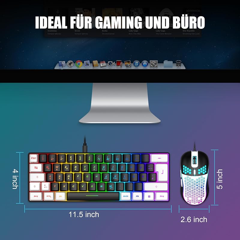 RedThunder 60% RGB Vezetékes Gamer Billentyűzet és Egér Szett, Mini Billentyűzet DE Kiosztással, 7200 DPI Ultrakönnyű Méhsejt Egér PC Mac PS