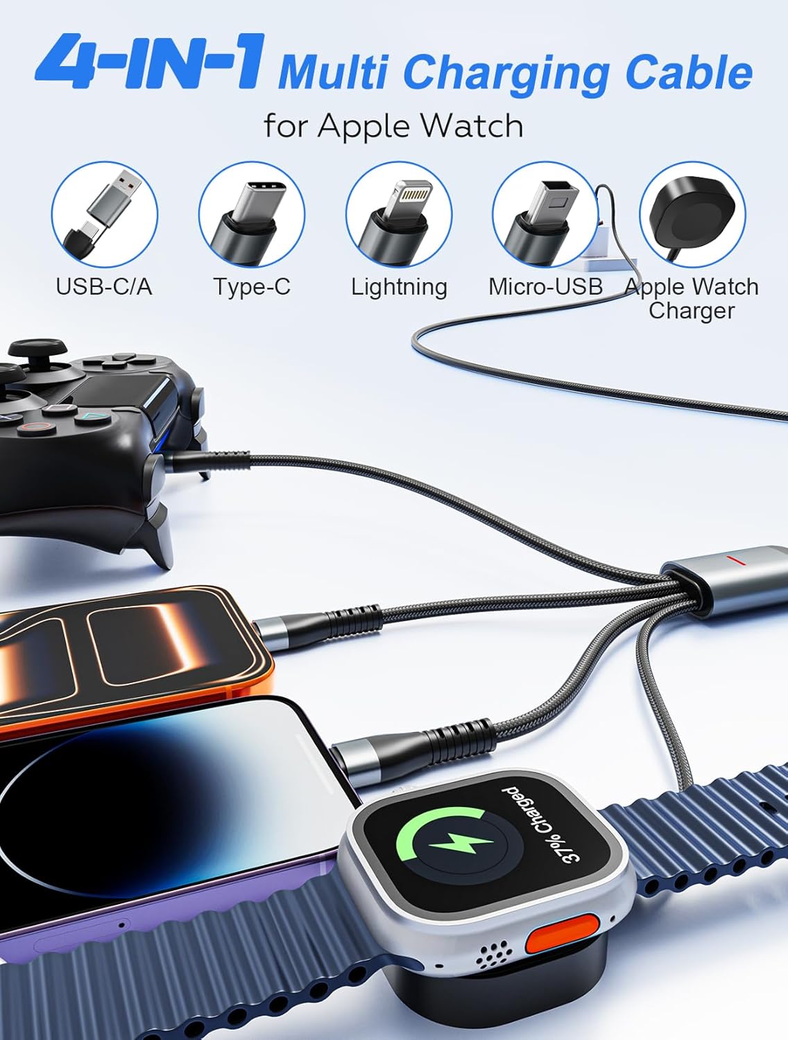 100w 10ft 4-in-1 Multi Charging Cable for Apple Watch - Braided Long Fast Charger Cord with Magnetic Apple Watch Charger, USB-C, Lightning & Micro USB for iWatch, iPhone, iPad, Android, Tablet, Laptop