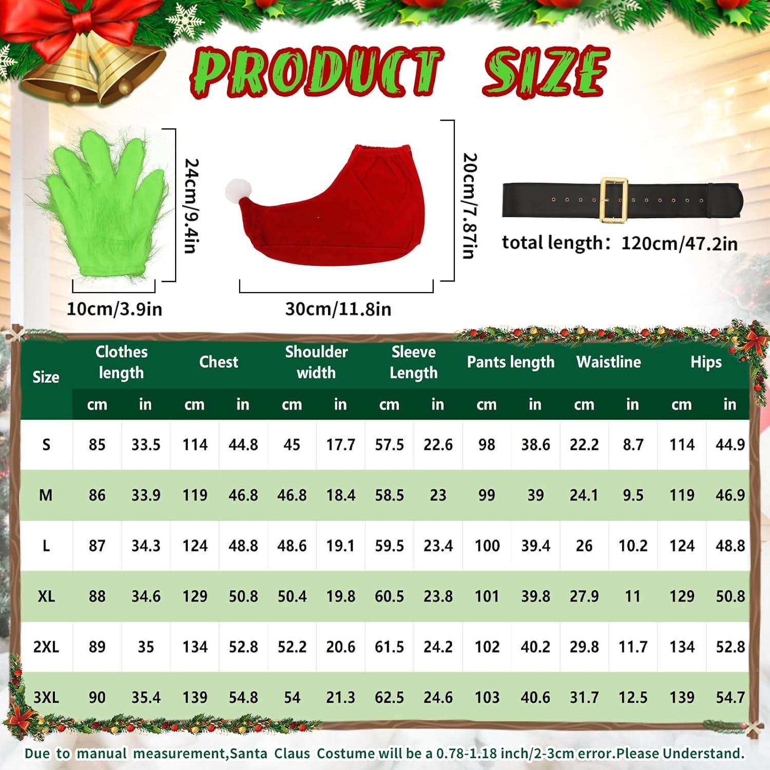 6Pcs Adult Green Furry Costume, Christmas Elf Santa Furry Mask Outfit Gloves Hat, Xmas Fancy Dress Party Cosplay Suit