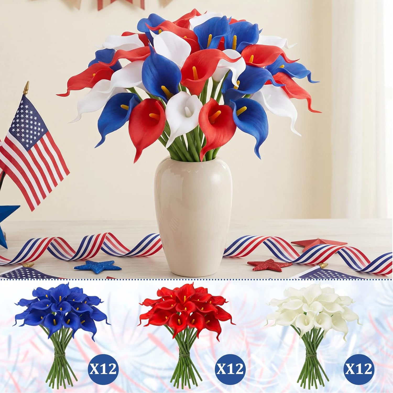 Hoteam 36 Pcs 4th of July Artificial Flowers Red White and Blue Decoration 250th Anniversary Patriotic Calla Lily Picks Decorations Independence Day Memorial Day Table Decor (Red,White,Blue)