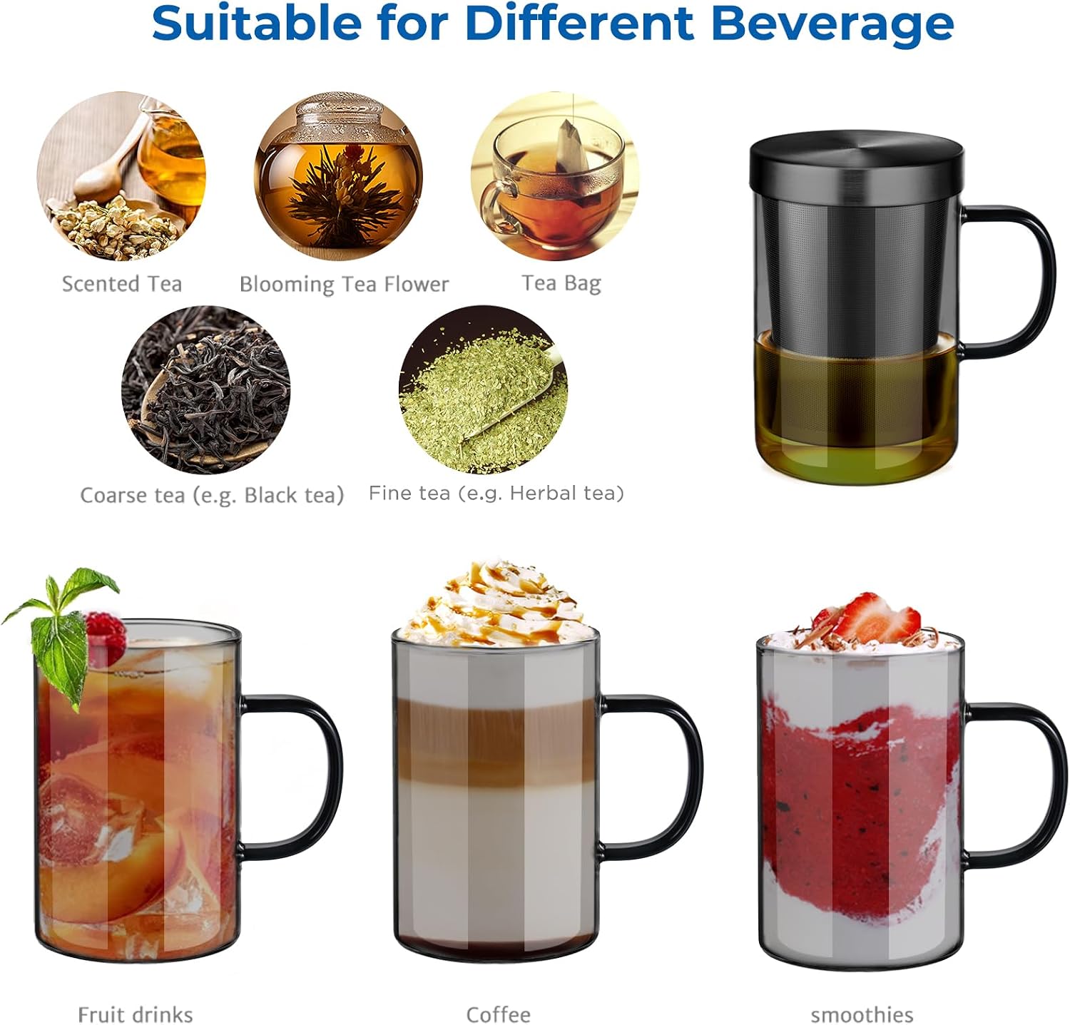 ecooe 16.9oz Glass Tea Cup with Infuser and Lid 430ml(Use Capacity), Black