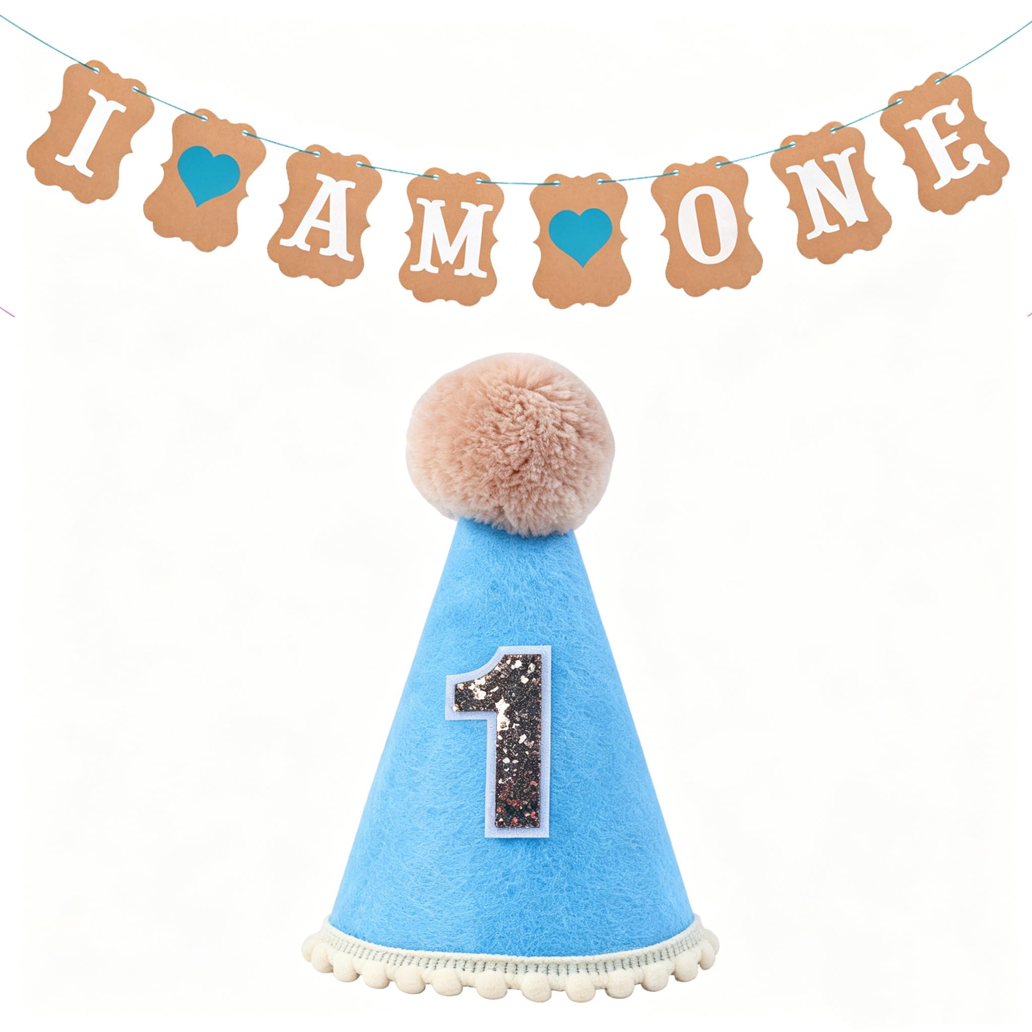 Moiuguli 1st Birthday Crown Hat & Banner Set for Boys, Baby Birthday Decoration for 1 Year Old, Soft Fabric Blue First Birthday Hat & Hanging Banner for Party Decor, Photoshoots, Baby Show