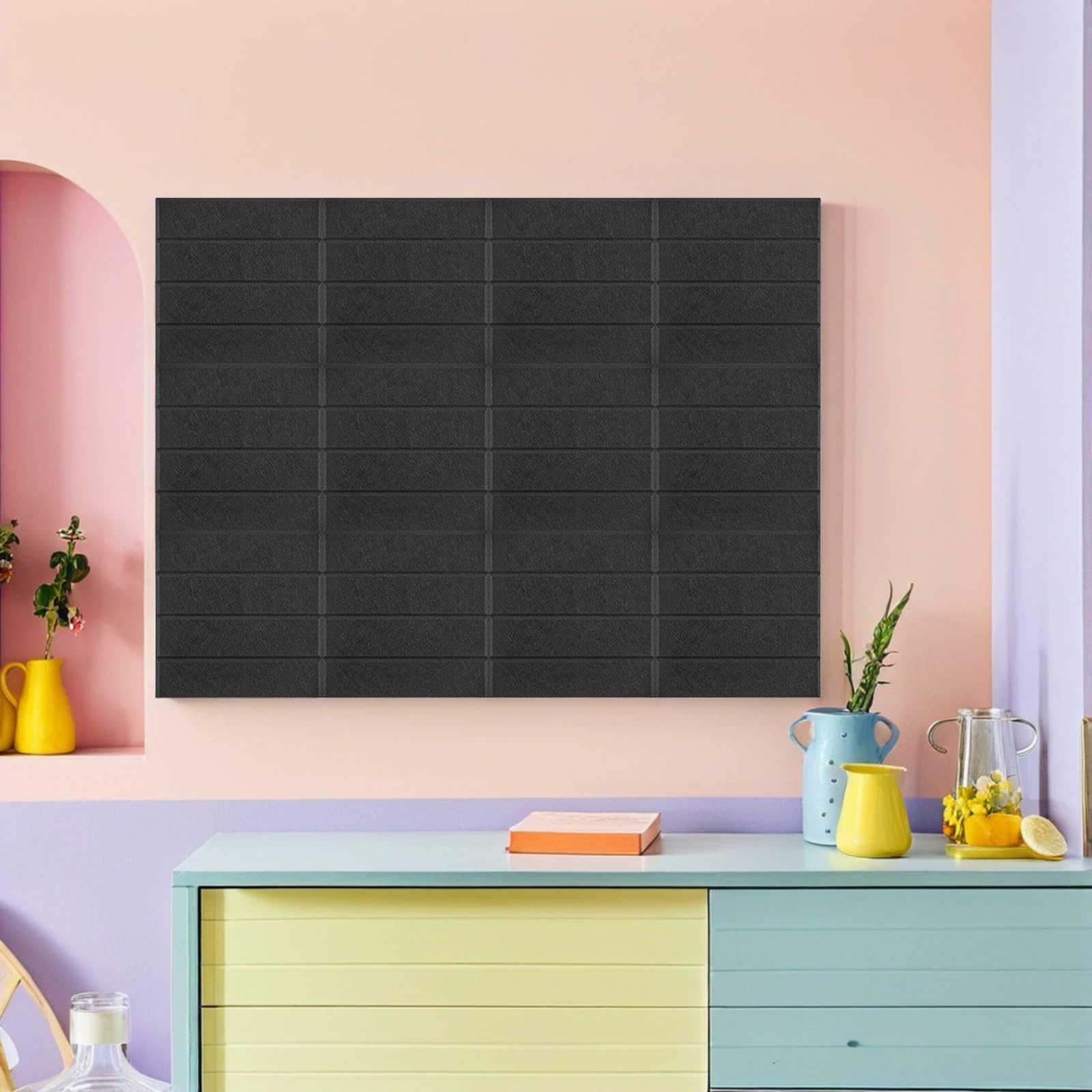 12 Piezas Panel de Anuncios Decorativo, Panel Acústico de Fibra de Poliéster Autoadhesivo, Cuadrado, Negro, Reducción de Ruido y Eco, para Oficina y Aula, Tablón de Anuncios