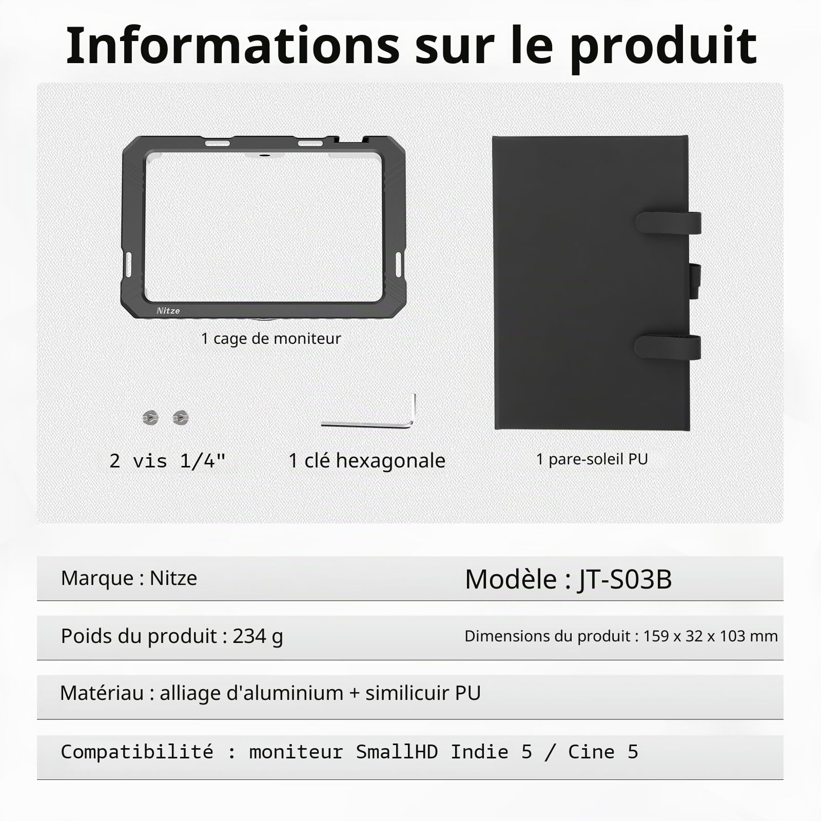 Nitze Indie 5 Cage Kit pour Moniteur SmallHD Indie 5 avec Protection pour écran PU – JT-S03B