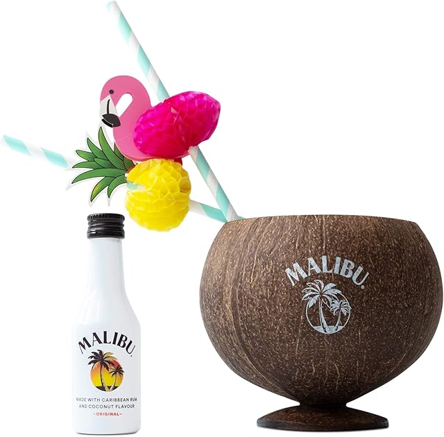 Malibu Rum Gift Set - Malibu Coconut Rum 50ml with Real Coconut Cup and 2 x Cocktail Straws - Cocktail Glass for the Perfect Pina Colada - Men Birthday Rum, Mothers Day Gifts for Women, Mum Gifts