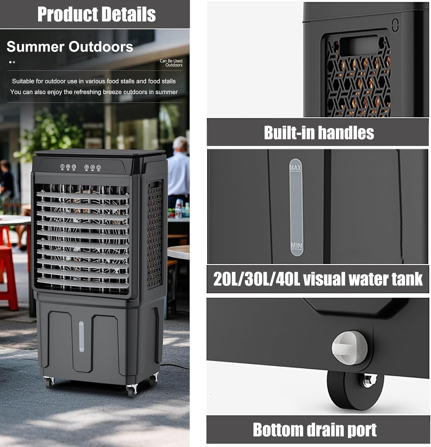Portable Air Cooler for Indoor, Home, 20-40L Evaporative Humidifier, LED Display, Portable Cooling Fan, 3 Speeds, 4 Ice Packs Included for Cool Air Flow(89 x 34 x 44 cm)