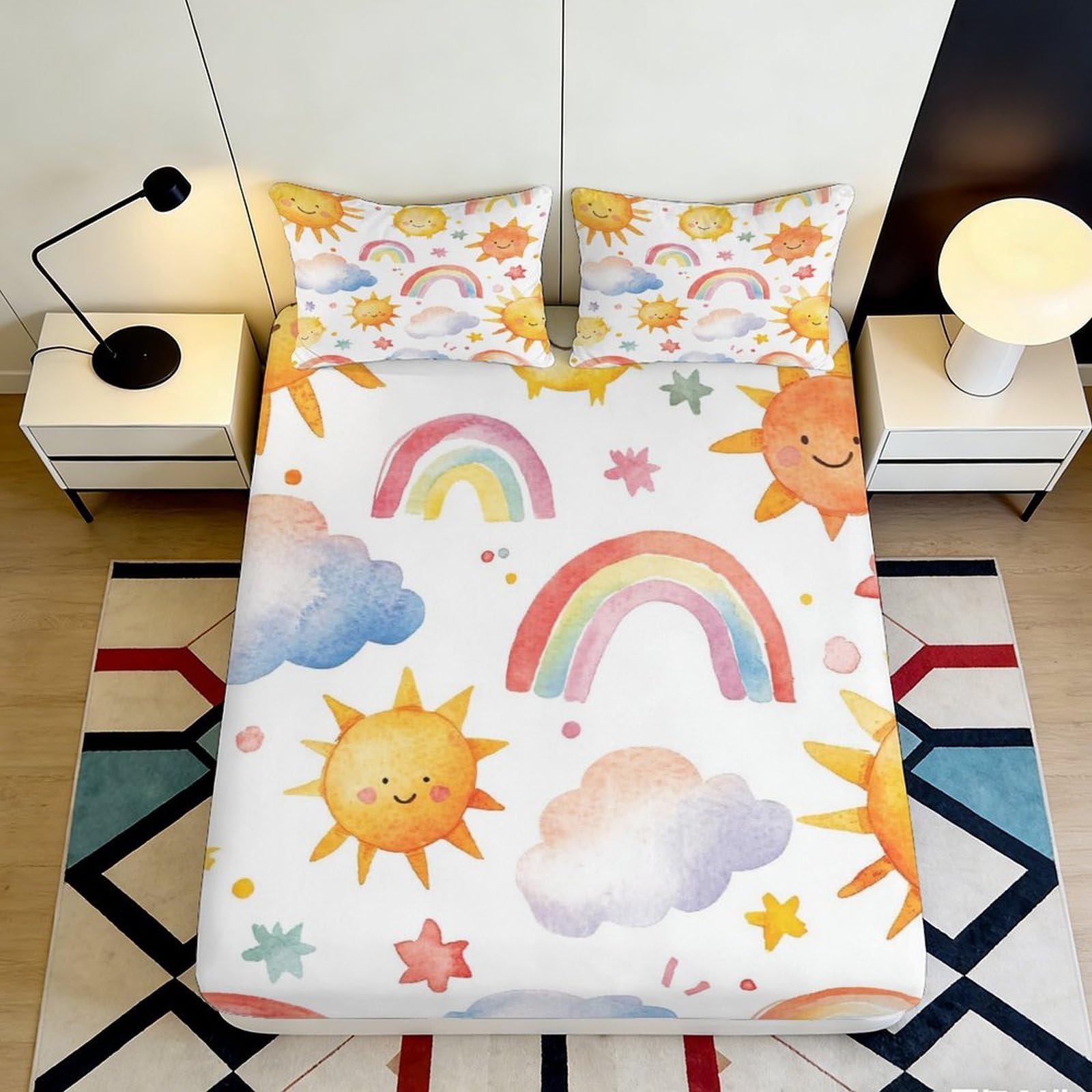 3D Printed Sunshine Rainbow Fitted Sheet Microfiber Soft Clouds Mattress Cover for Bedroom Dorm Easy Care Decor 90x200x25cm