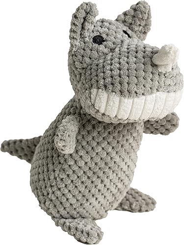 Puffy Crew Juguete de peluche chirriante para perro, 8 pulgadas, rinoceronte de boca grande, gris