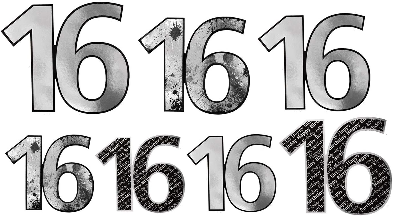 Beistle 16th Birthday Party Supplies Boy, 16th Foil Silver and Black Cutouts Assorted Size 6.5 Inch, 8.75 Inch, 10.75 Inch, Pack 84