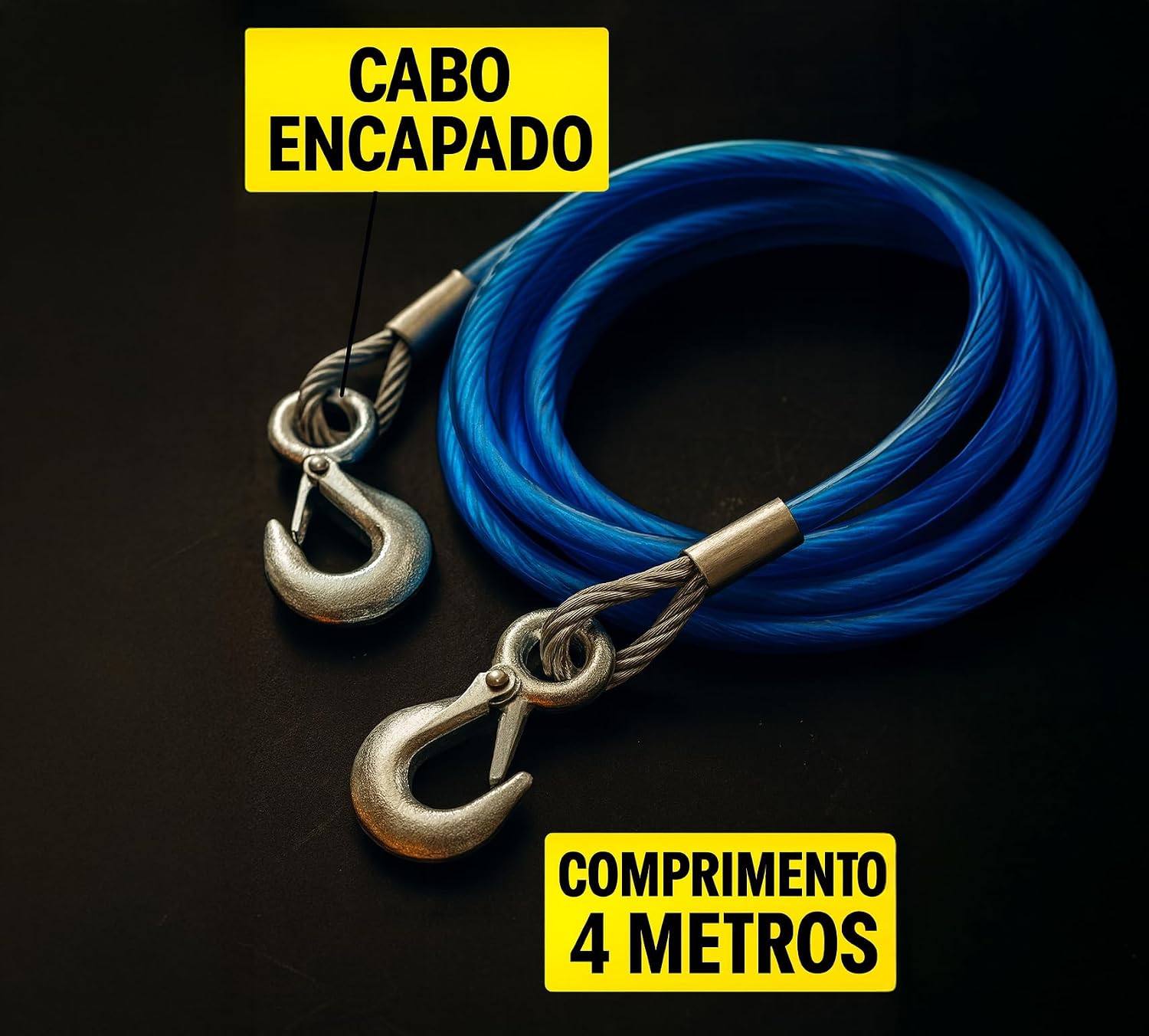 Cabo de Aço Puro 5 Toneladas com Gancho Mosquetão | Cabo de Aço para Reboque de Carro Barco Jet Ski | 4 Metros de Comprimento, Resistente e Durável
