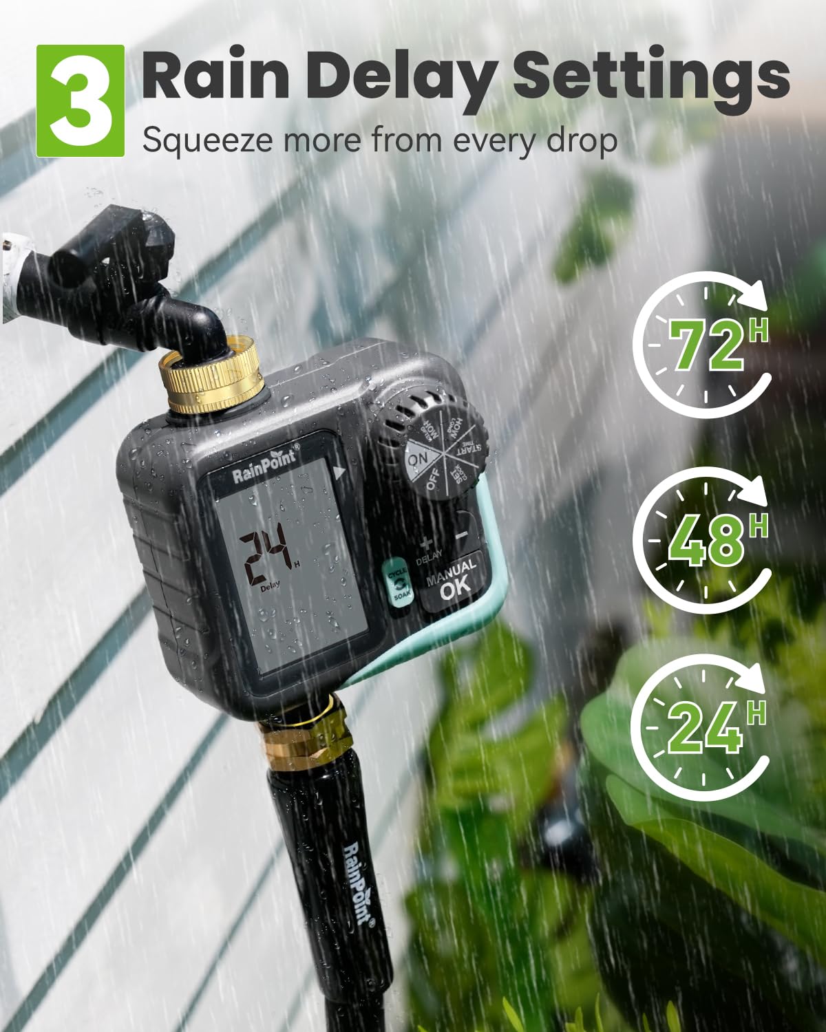 RAINPOINT Timer irrigatore per tubo da giardino, timer per tubo flessibile con ciclo e ammollo/ritardo pioggia/irrigazione automatica/irrigazione manuale, sistema di irrigazione programmabile con