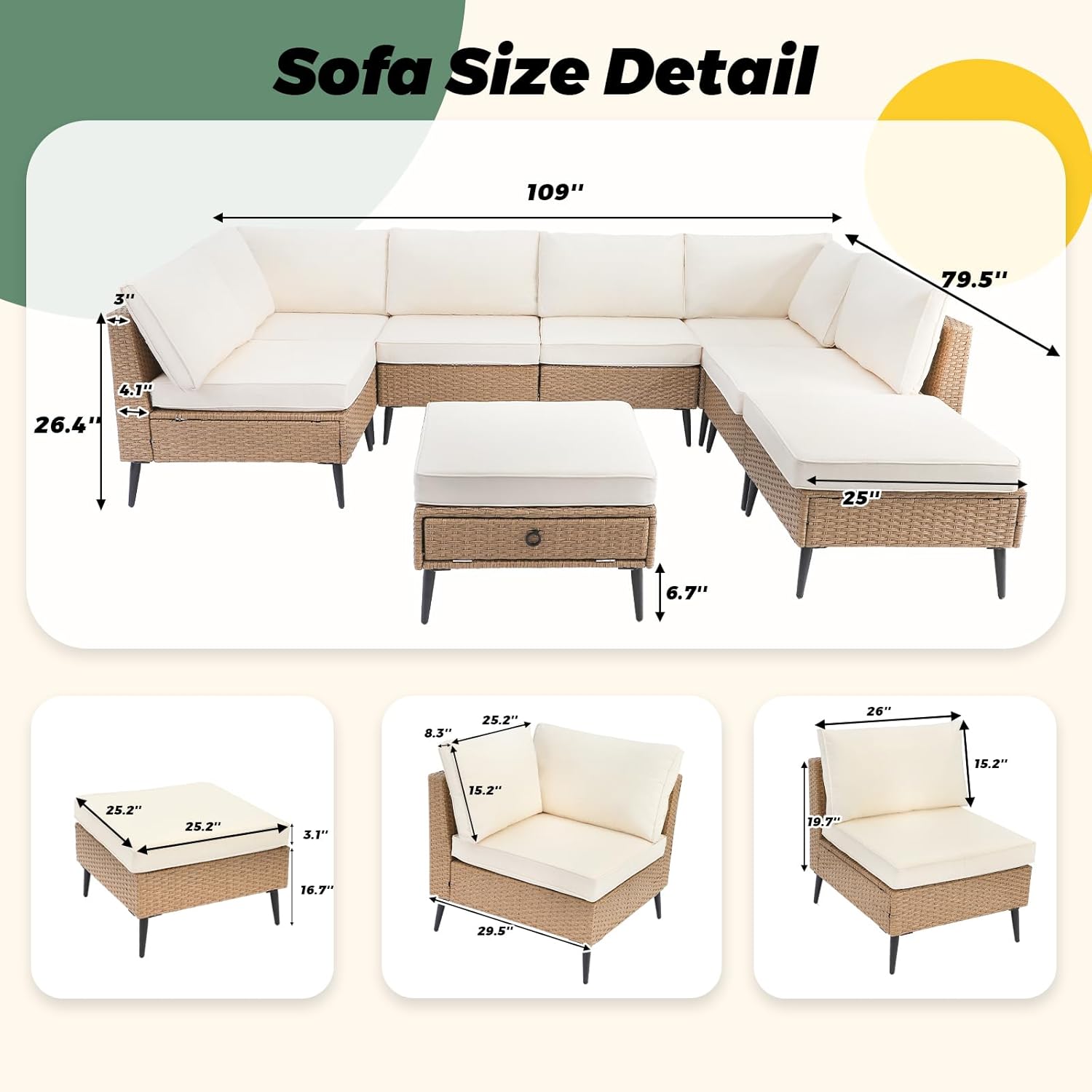 LVUYOYO 8 Pieces Outdoor Patio Furniture Set, Wicker Sectional Sofa Set for All-Weather, Rattan Conversation Sets with Cushions and Storage for Deck, Backyard, Porch (Khaki)