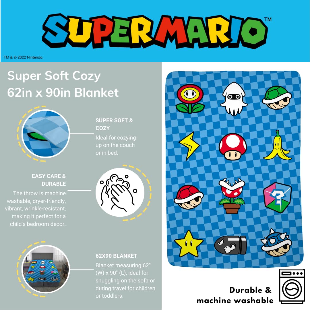 Franco Super Mario Bros. Pościel dla dzieci, super miękka, przytulna, narzuta, 157 x 229 cm, (oficjalny produkt licencjonowany) dla dzieci