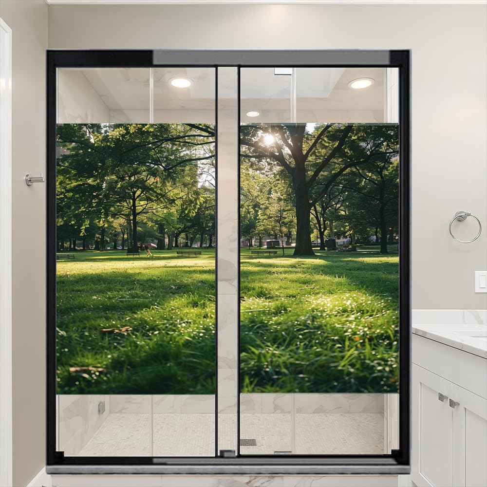 Modern Forest Frosted Window Privacy Film, Summer Nature Sunny Trees House Window Film Adhesive Glass Coverings for Bathroom Home Decorative 17.7Wx23.6L-inch x2 Pcs