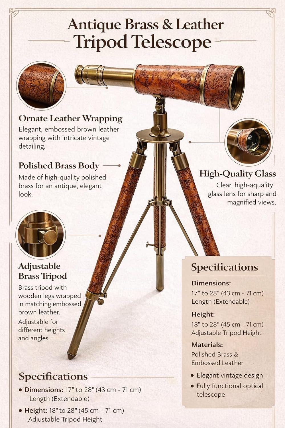 Nautical Single Barrel Brass Telescope 10" Antique Brown Finish Marine Table Top Standing Decorative Piece