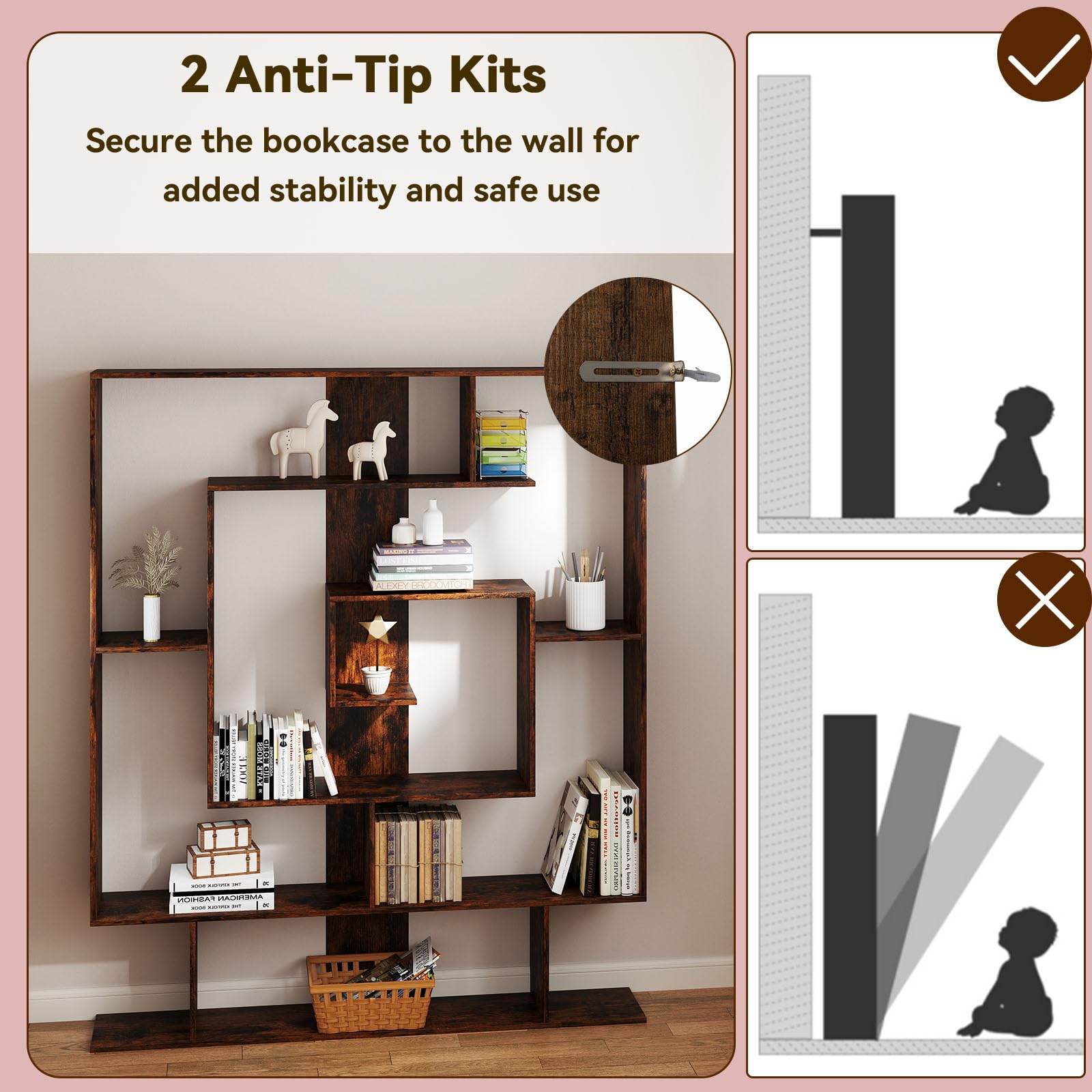 HOMASIS Libreria da Parete Geometrica con 7 Scomparti, Scaffale in Legno con Protezione Anti-Ribaltamento, Espositore Moderno, Libreria Divisoria Ambiente per Soggiorno, 125 x 22 x 150 cm (Marrone)