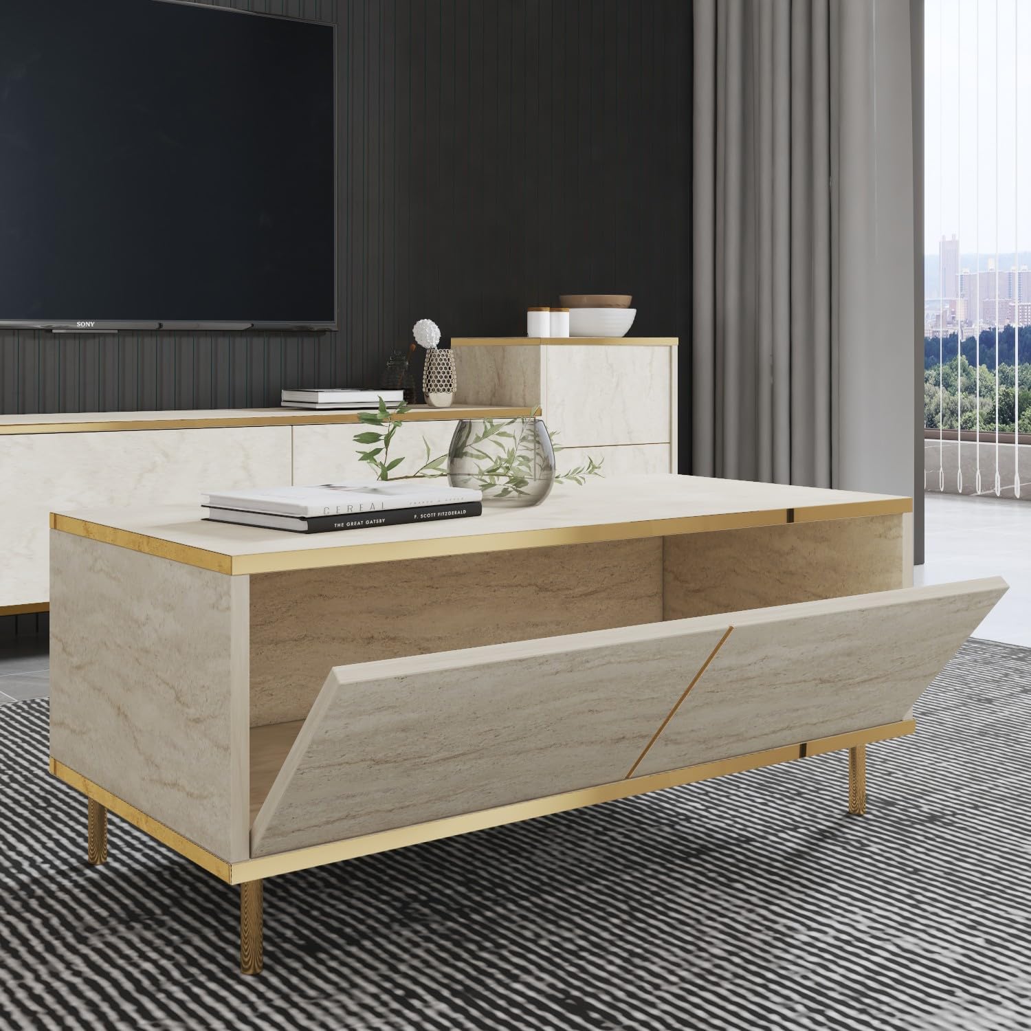 Modern Coffee Table, Travertine & Gold, 90 x 40 x 45 cm, 100% Melamine Coated Particle Board, 18 mm Thick, Glamorous Marble Design for Stylish Living Spaces